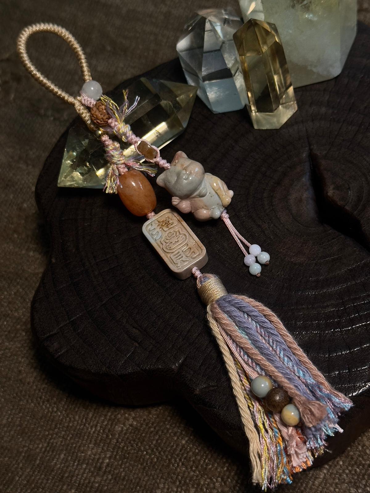 Alashan Agate Maneki-Neko & Seal Bag Charm | Hand Knotted Tassel Pendant