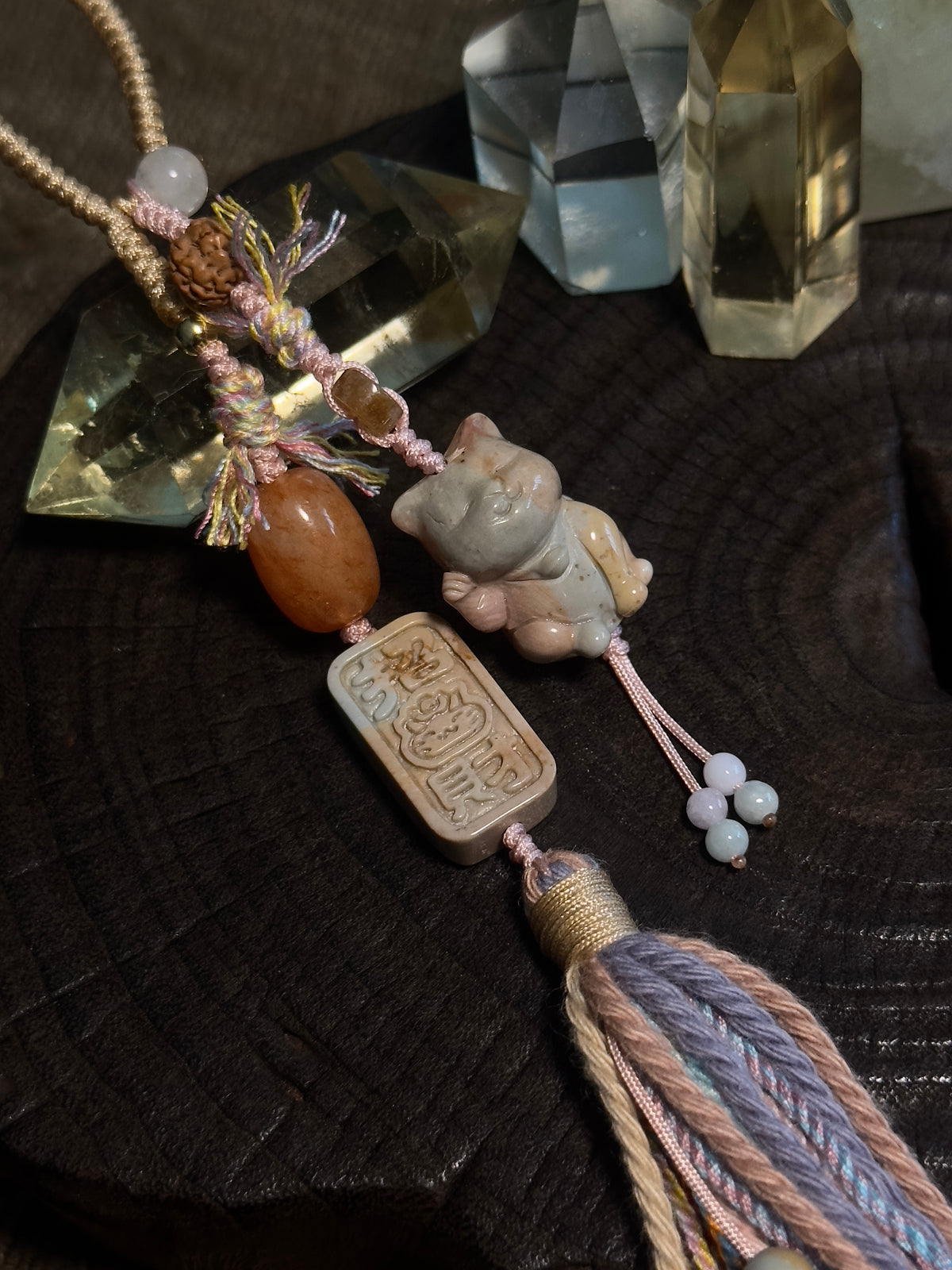 Alashan Agate Maneki-Neko & Seal Bag Charm | Hand Knotted Tassel Pendant