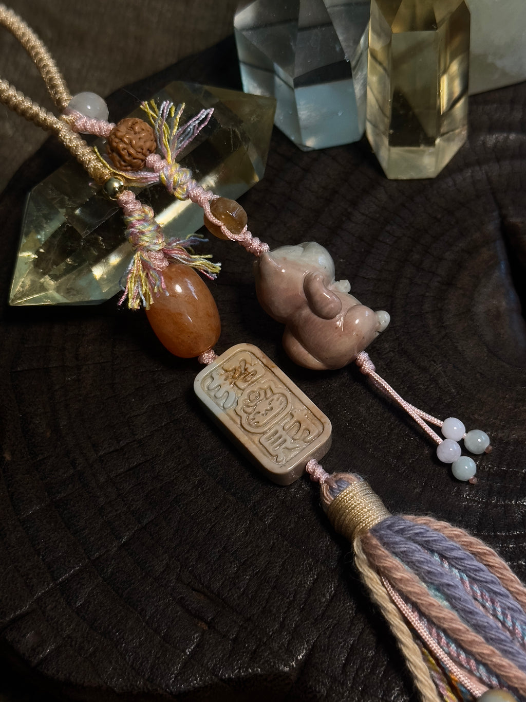 Alashan Agate Maneki-Neko & Seal Bag Charm | Hand Knotted Tassel Pendant