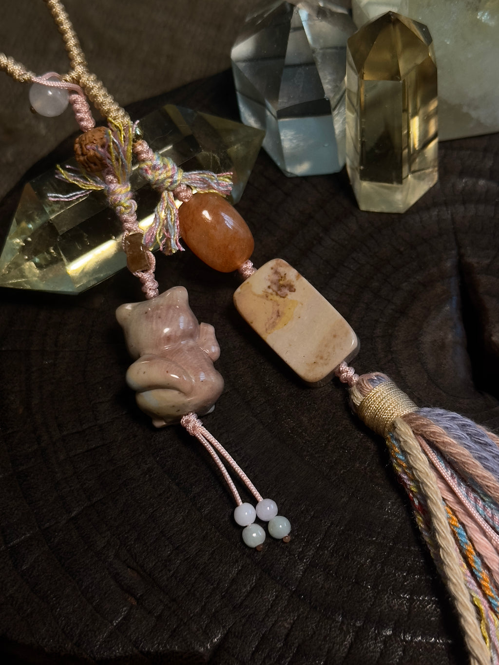 Alashan Agate Maneki-Neko & Seal Bag Charm | Hand Knotted Tassel Pendant