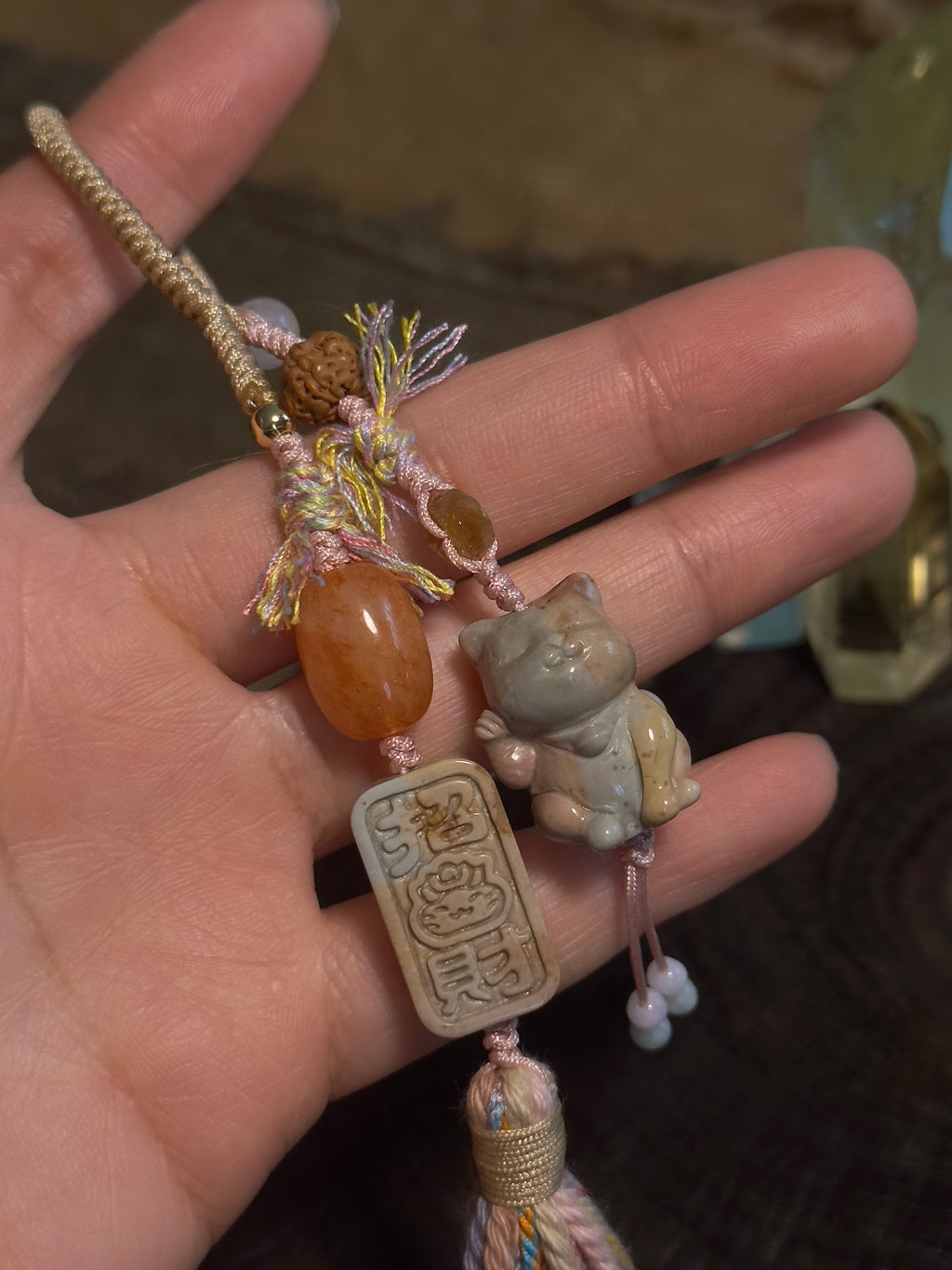 Alashan Agate Maneki-Neko & Seal Bag Charm | Hand Knotted Tassel Pendant