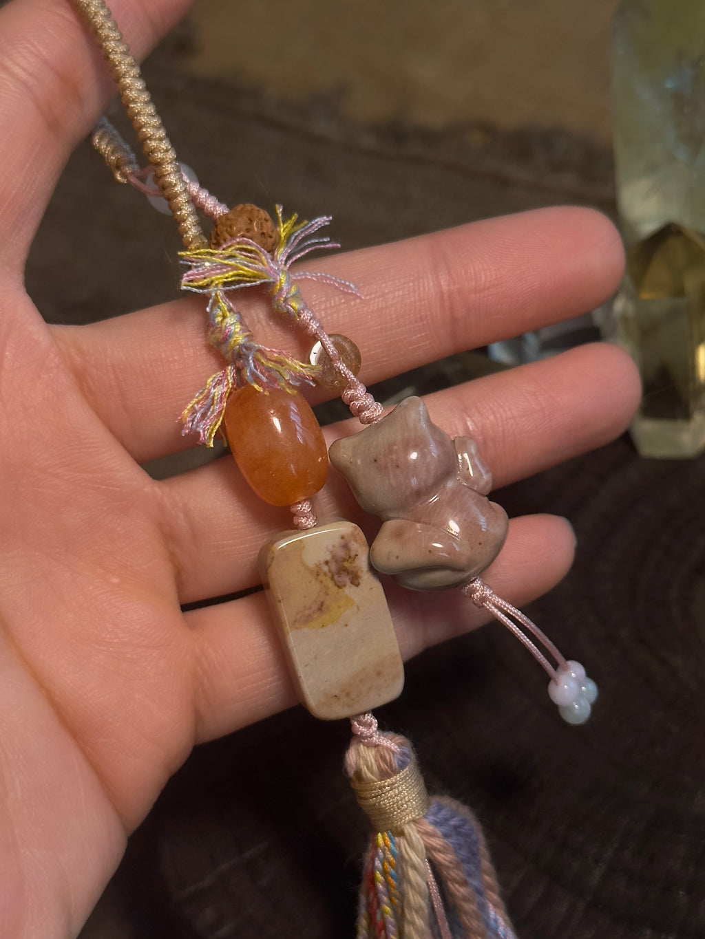 Alashan Agate Maneki-Neko & Seal Bag Charm | Hand Knotted Tassel Pendant