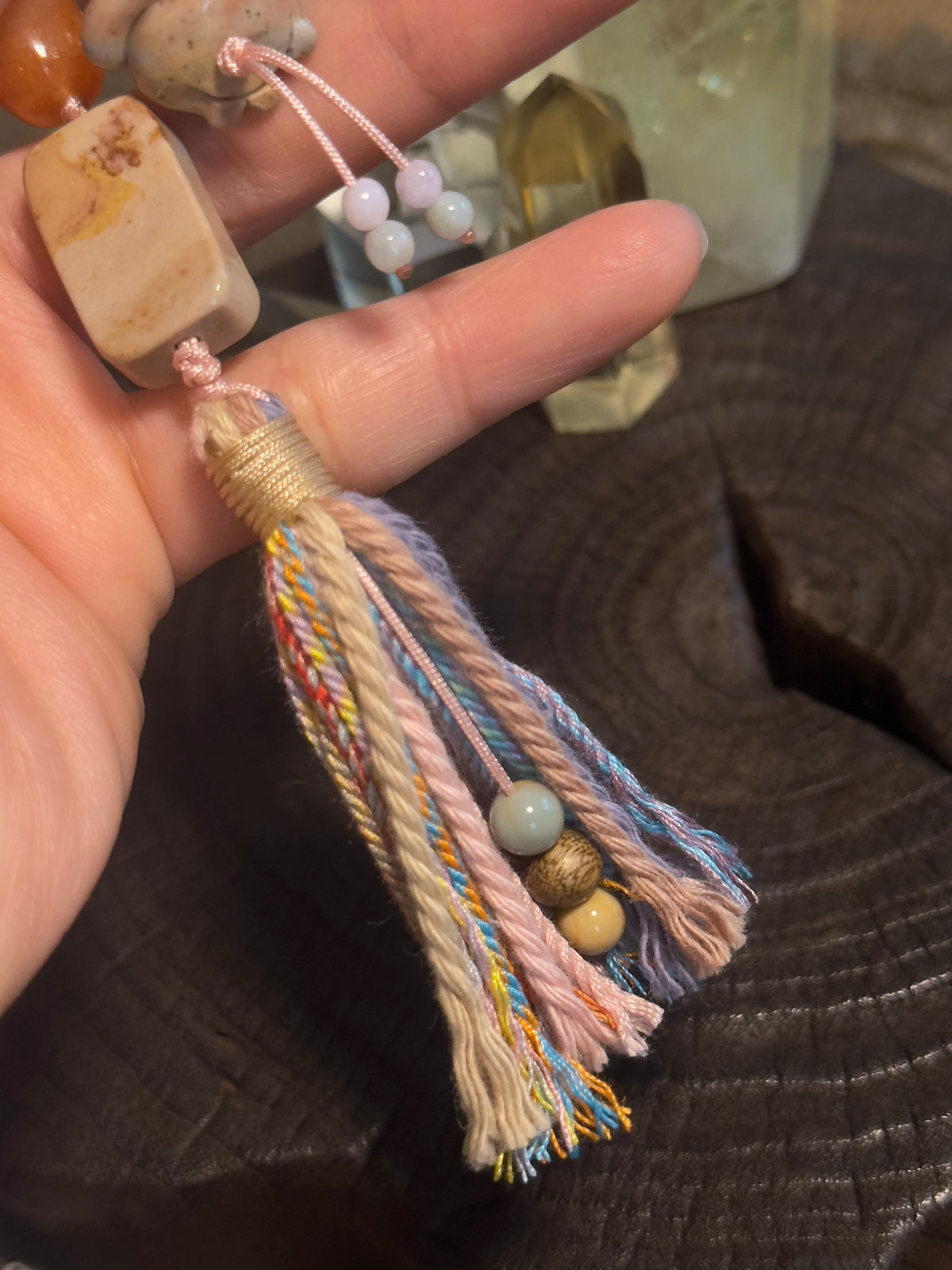 Alashan Agate Maneki-Neko & Seal Bag Charm | Hand Knotted Tassel Pendant