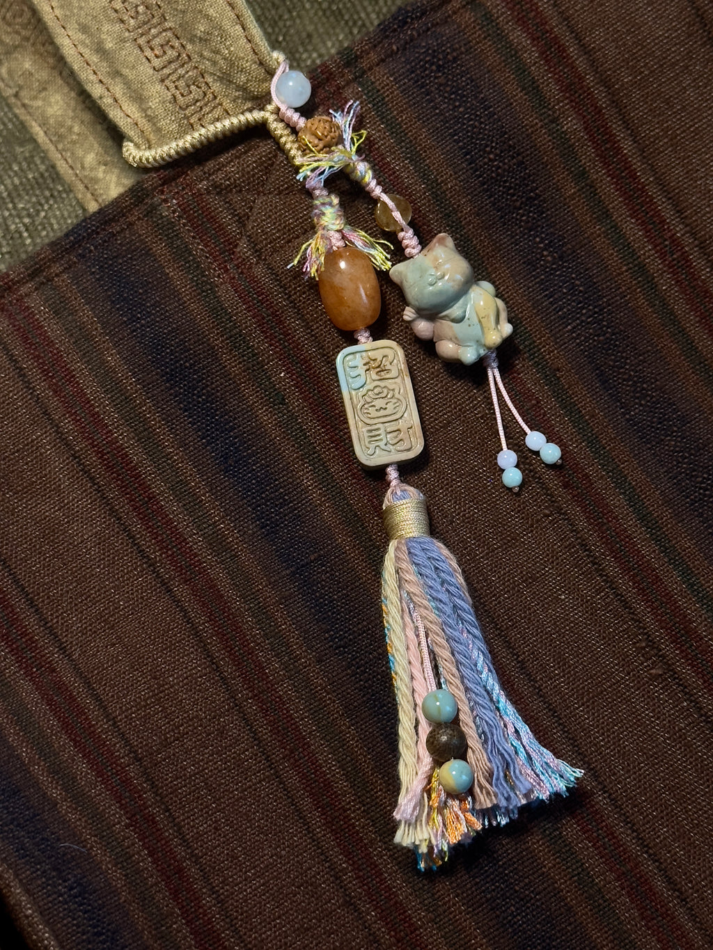 Alashan Agate Maneki-Neko & Seal Bag Charm | Hand Knotted Tassel Pendant