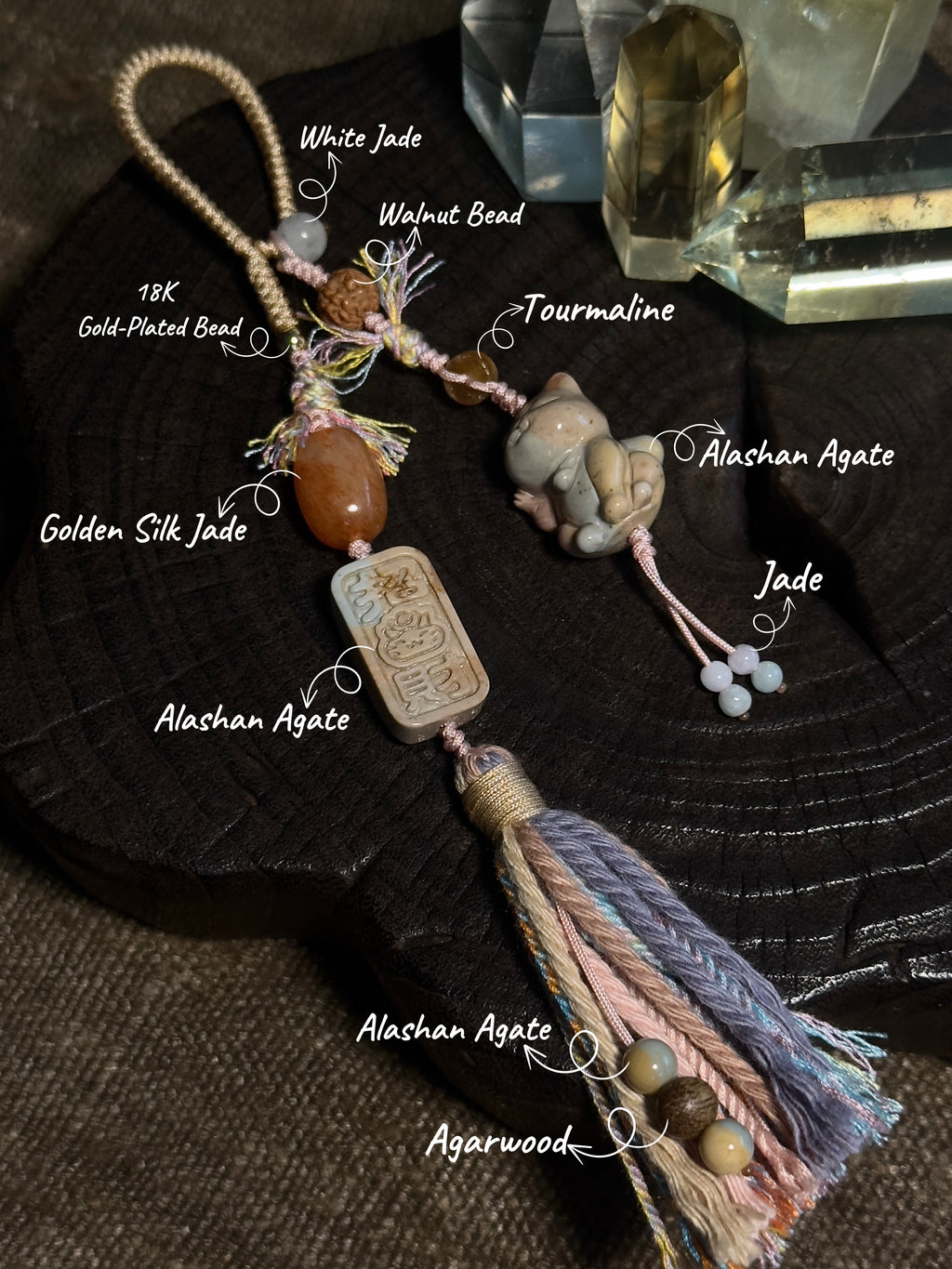 Alashan Agate Maneki-Neko & Seal Bag Charm | Hand Knotted Tassel Pendant