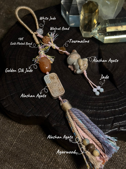 Alashan Agate Maneki-Neko & Seal Bag Charm | Hand Knotted Tassel Pendant