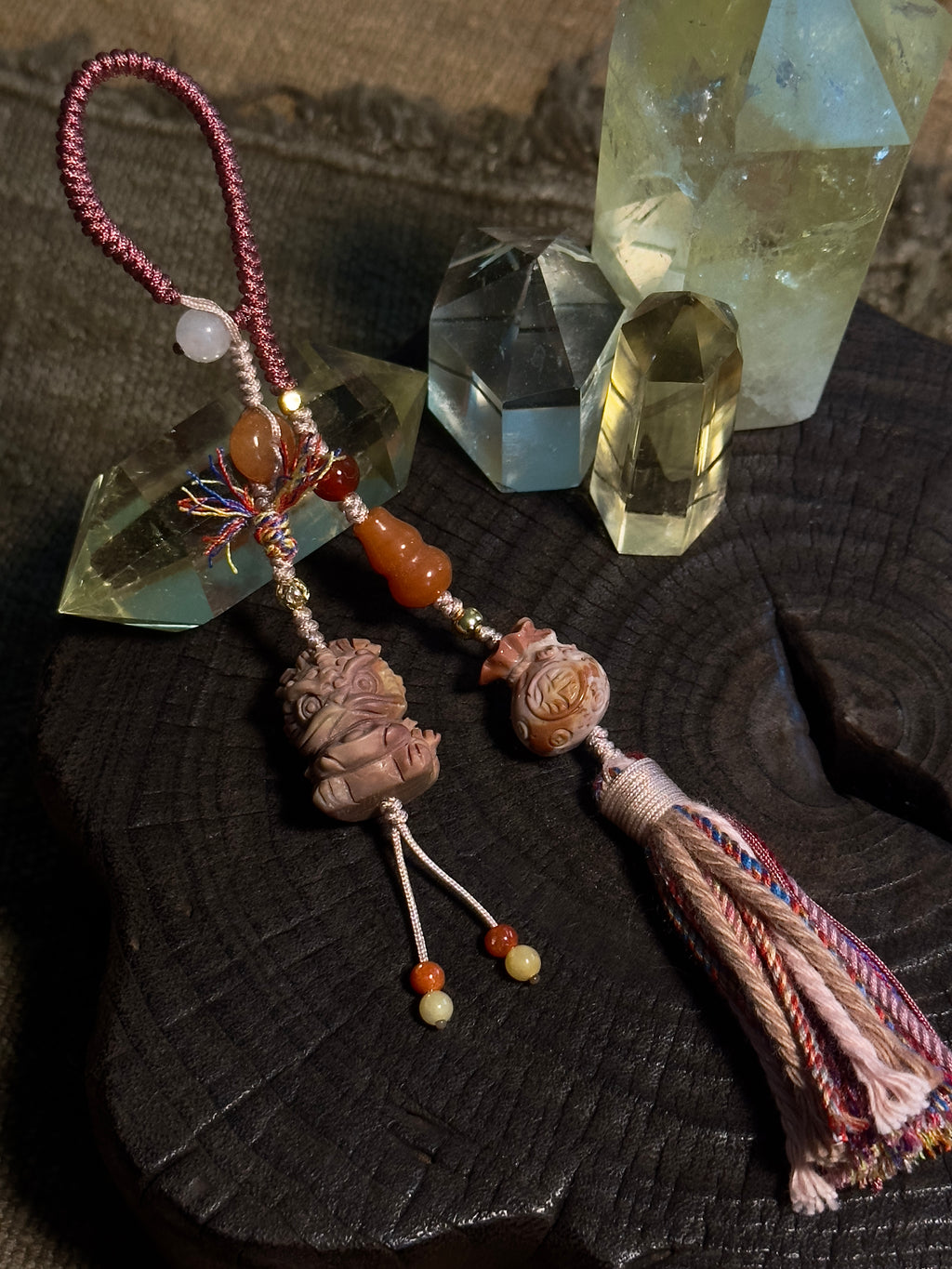 Alashan Agate Lucky Charm with Golden Silk Jade & Jade Tassel