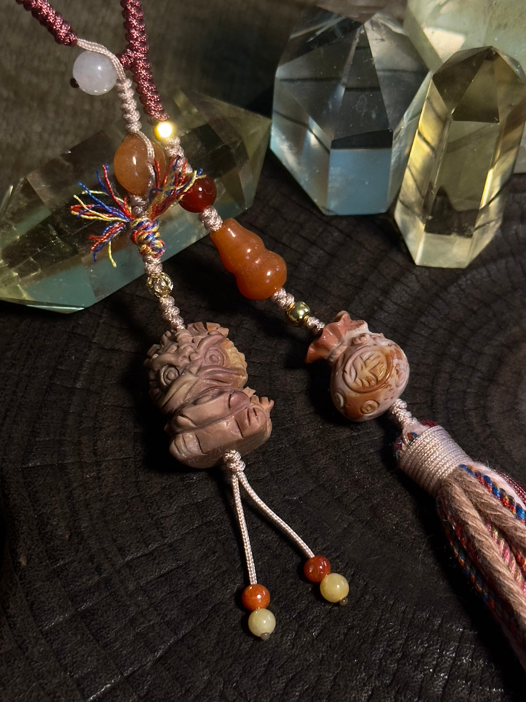 Alashan Agate Lucky Charm with Golden Silk Jade & Jade Tassel