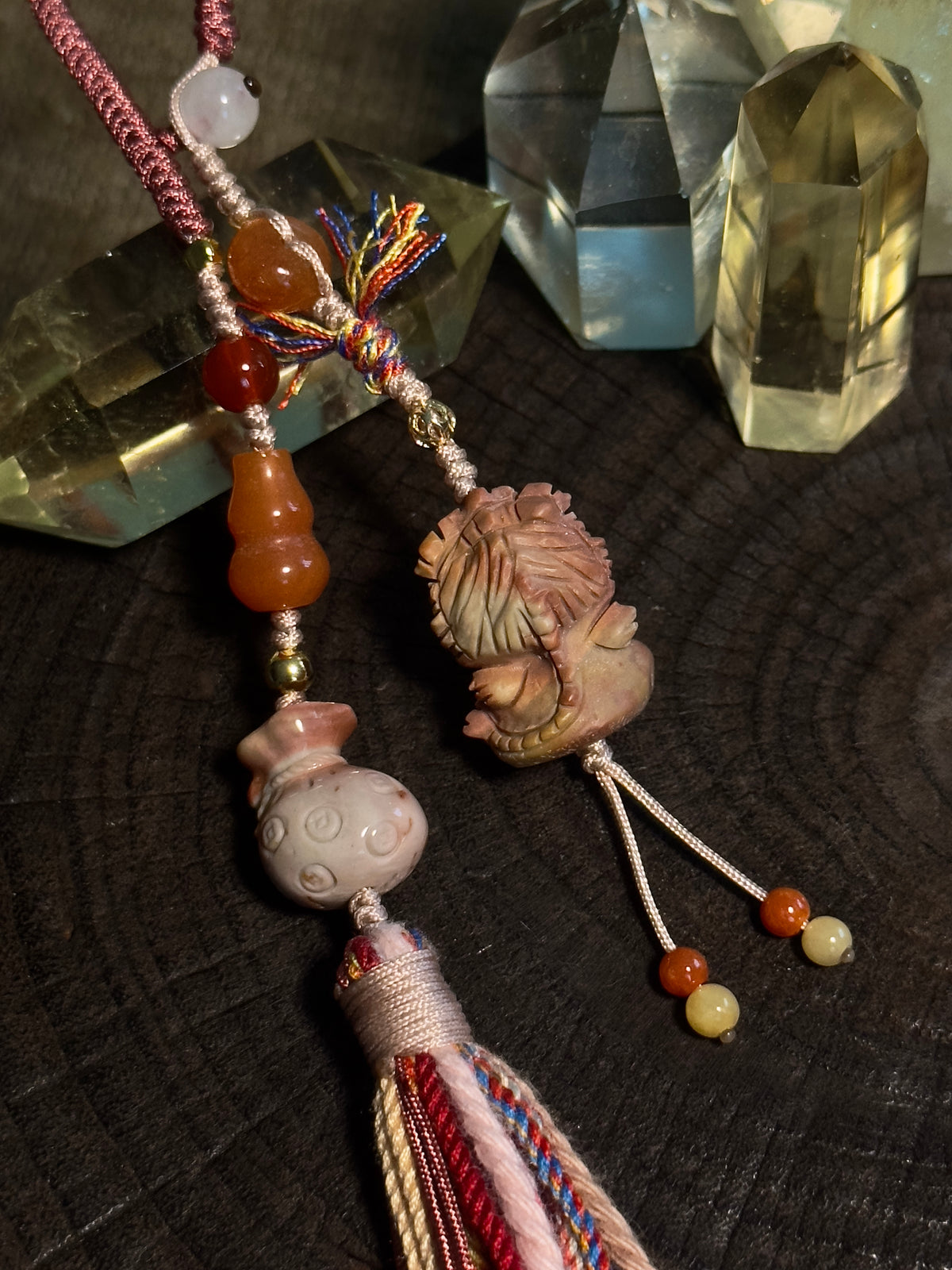 Alashan Agate Lucky Charm with Golden Silk Jade & Jade Tassel