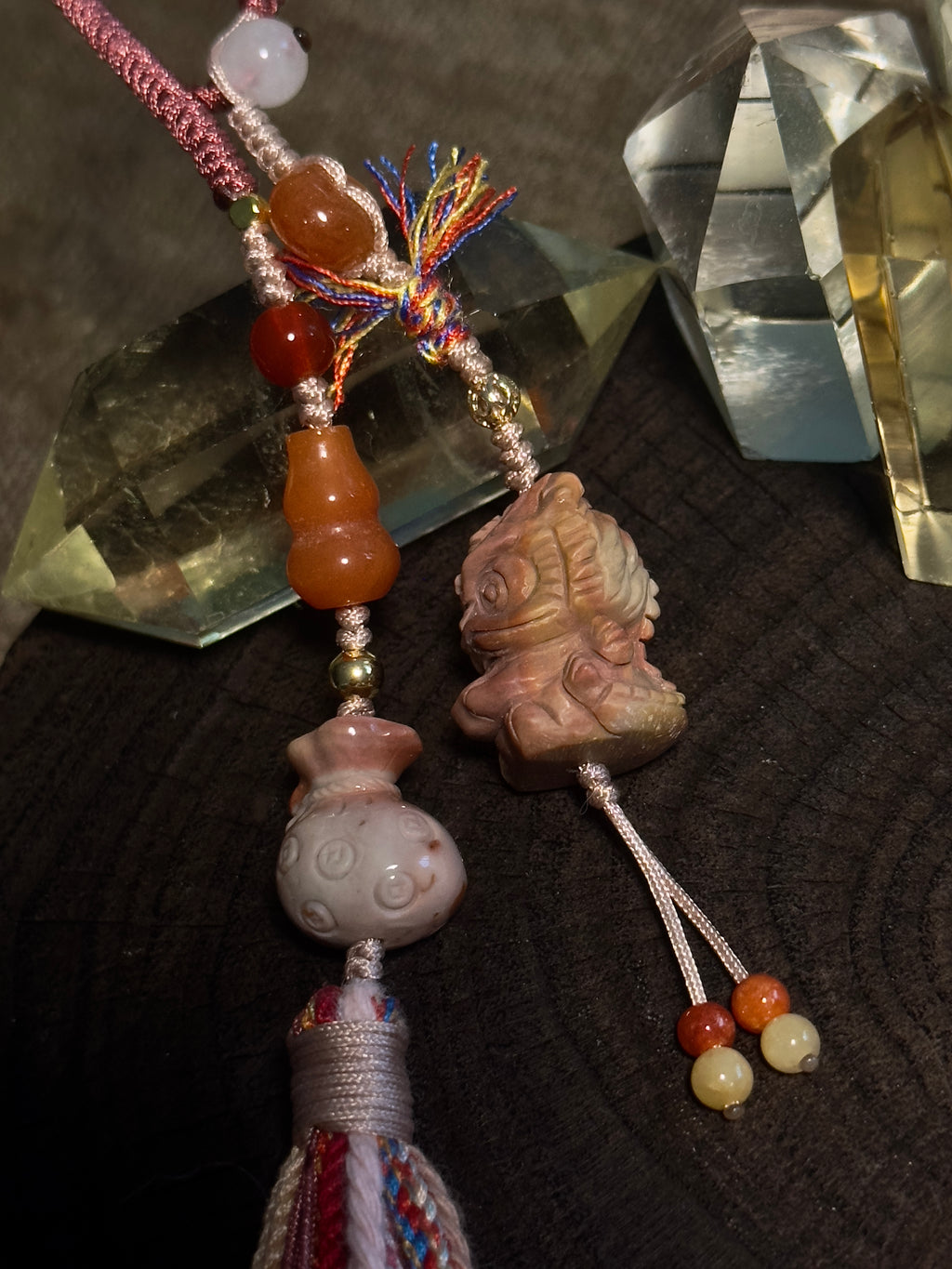 Alashan Agate Lucky Charm with Golden Silk Jade & Jade Tassel