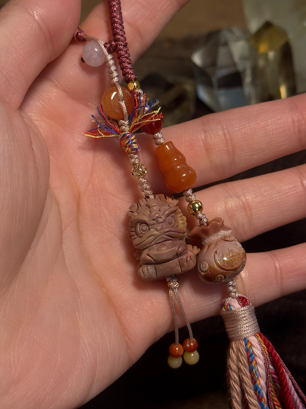 Alashan Agate Lucky Charm with Golden Silk Jade & Jade Tassel