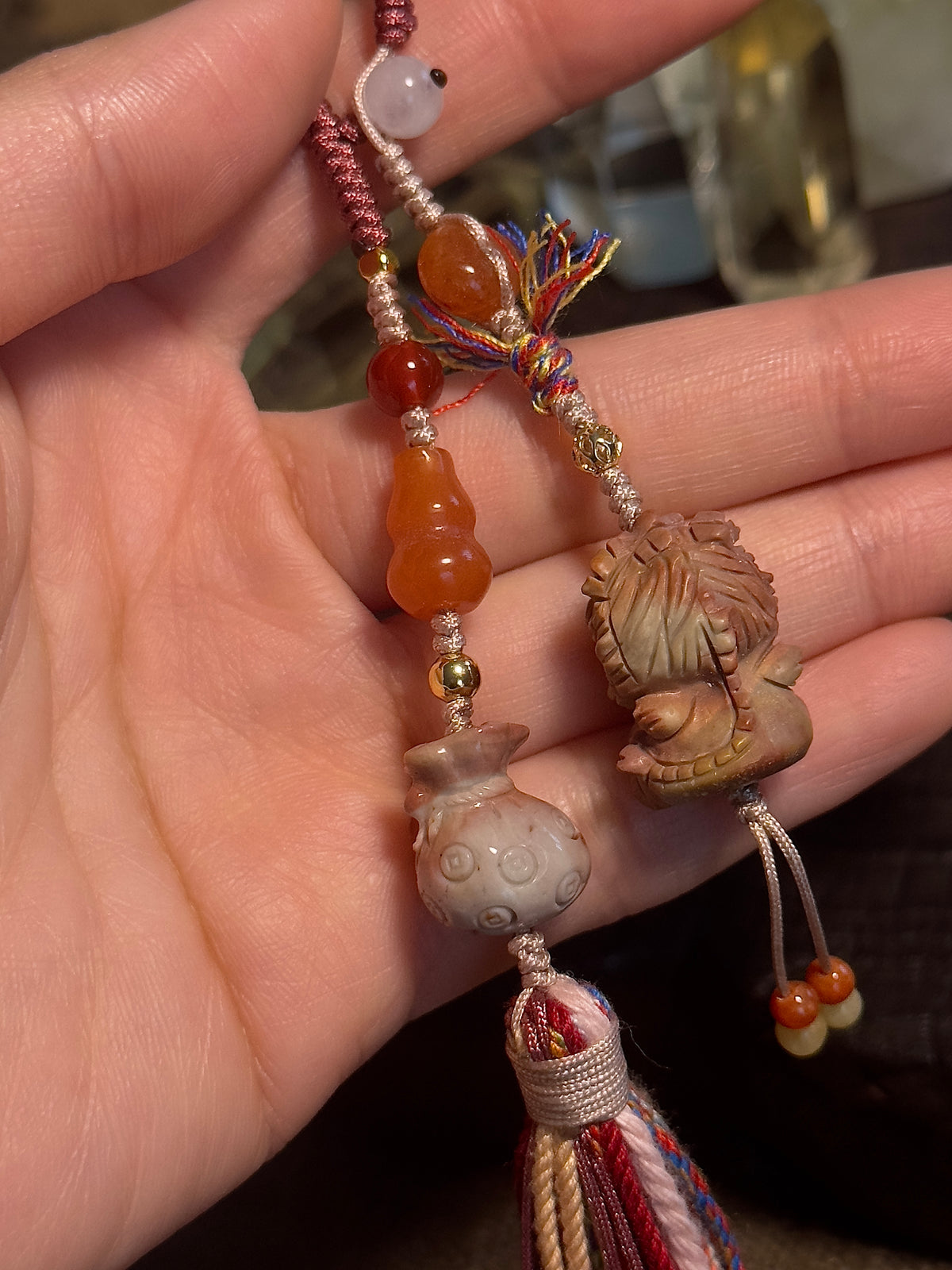 Alashan Agate Lucky Charm with Golden Silk Jade & Jade Tassel