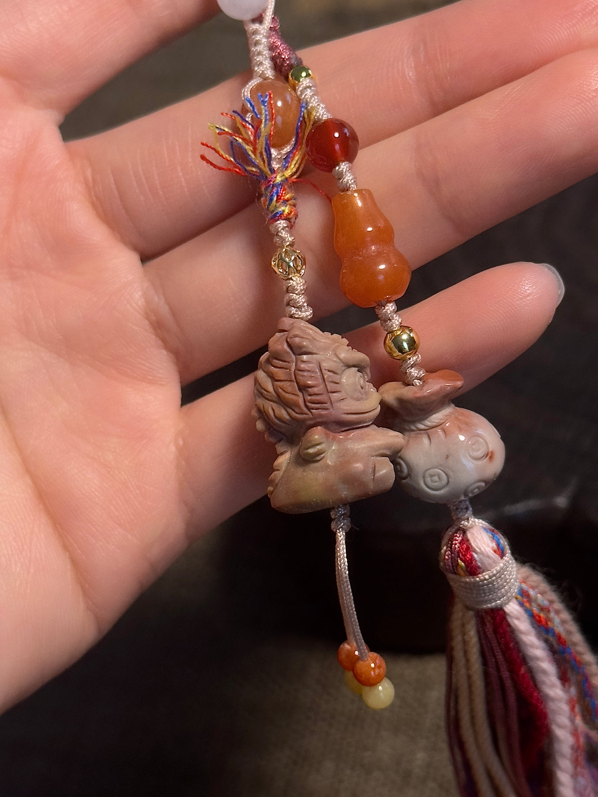 Alashan Agate Lucky Charm with Golden Silk Jade & Jade Tassel
