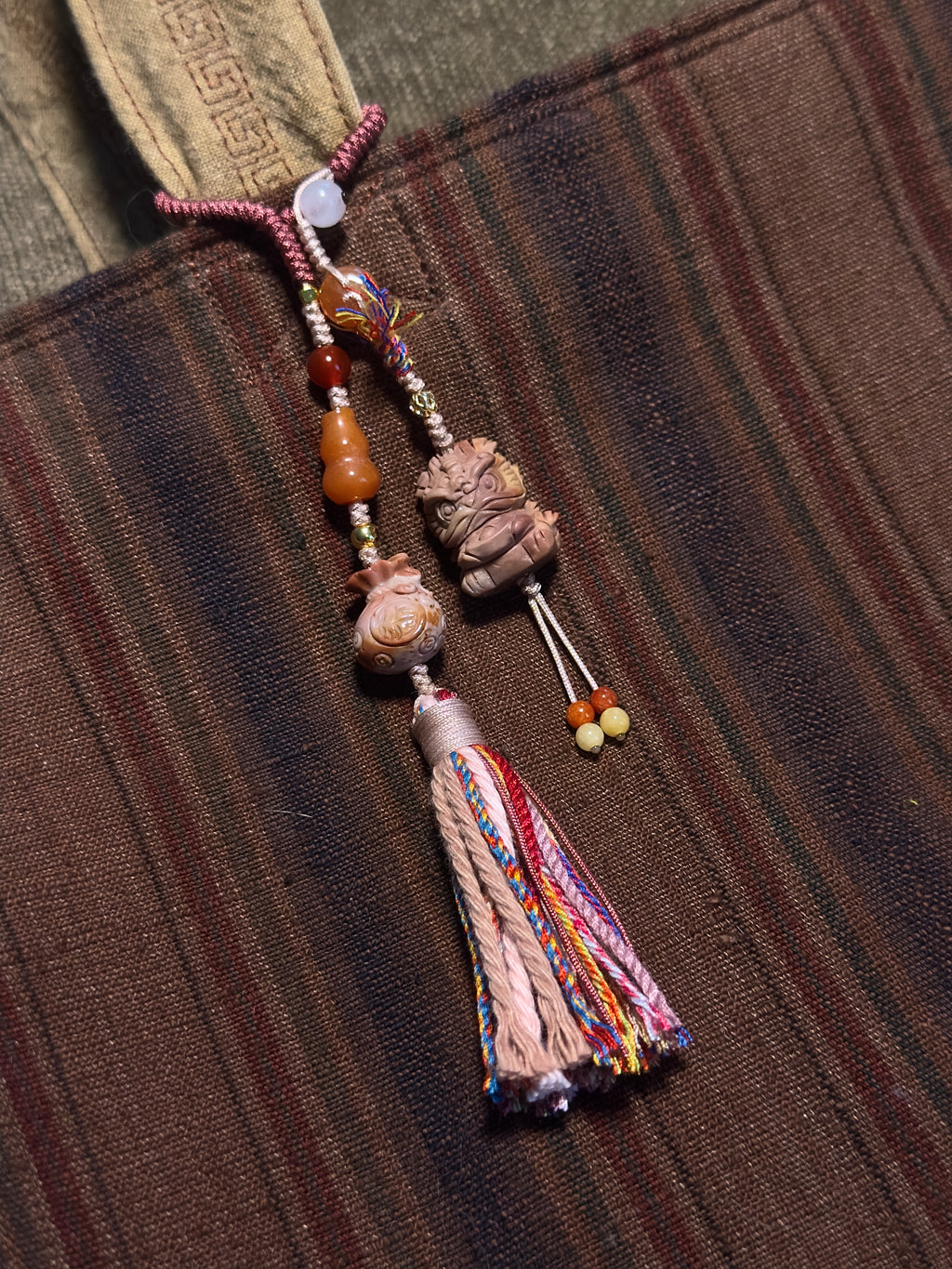 Alashan Agate Lucky Charm with Golden Silk Jade & Jade Tassel