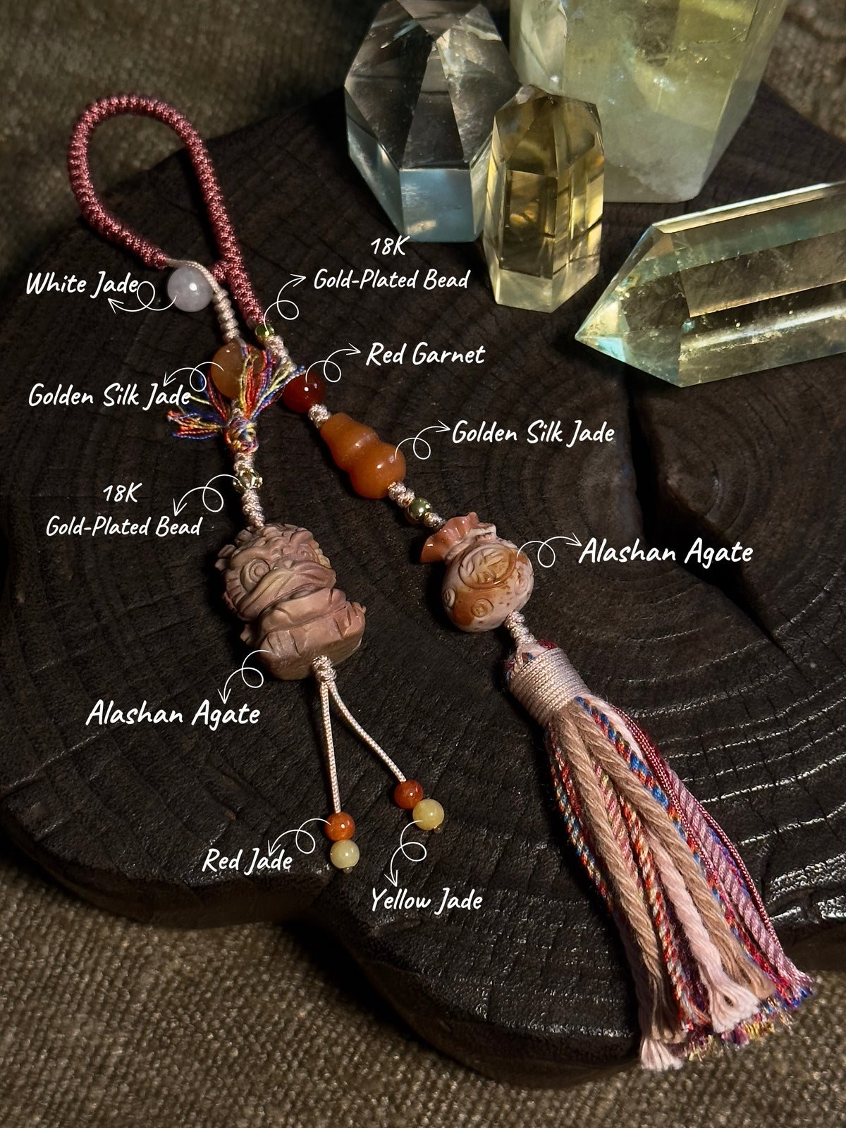 Alashan Agate Lucky Charm with Golden Silk Jade & Jade Tassel