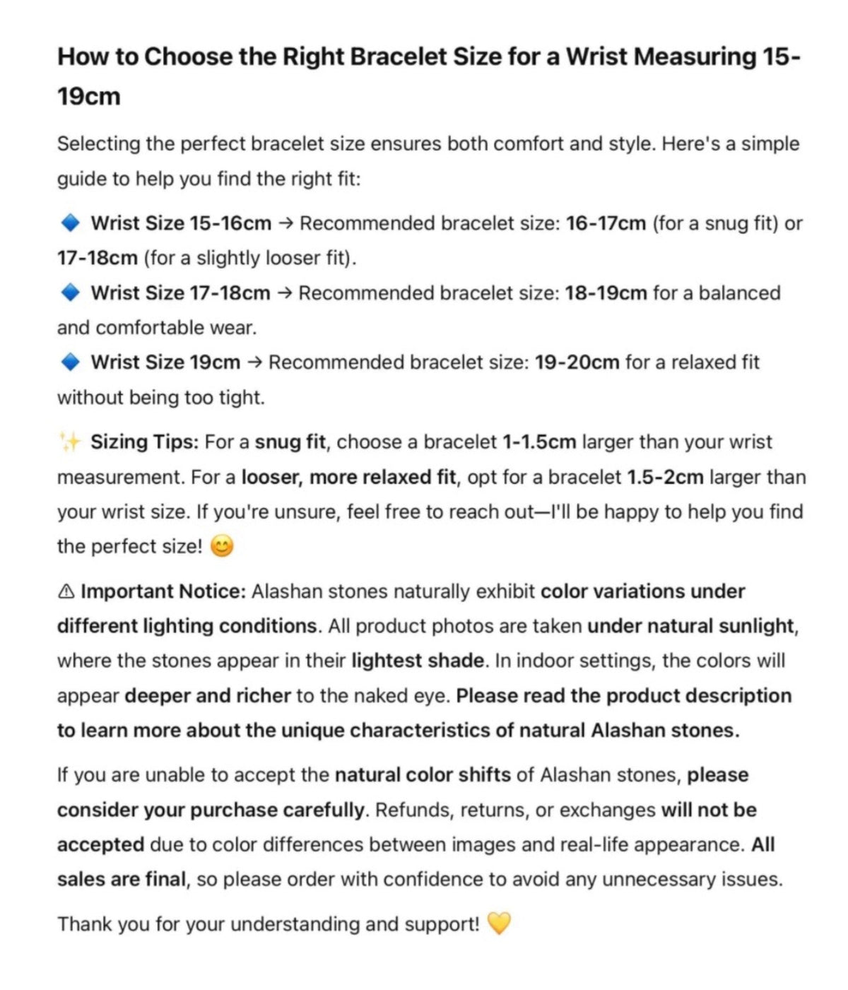 Alashan agate bracelet sizing guide and natural stone colour variation notice