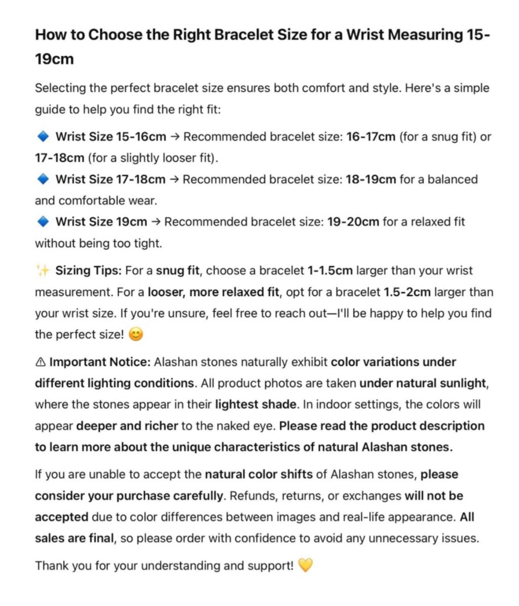 Alashan agate bracelet sizing guide and natural stone colour variation notice