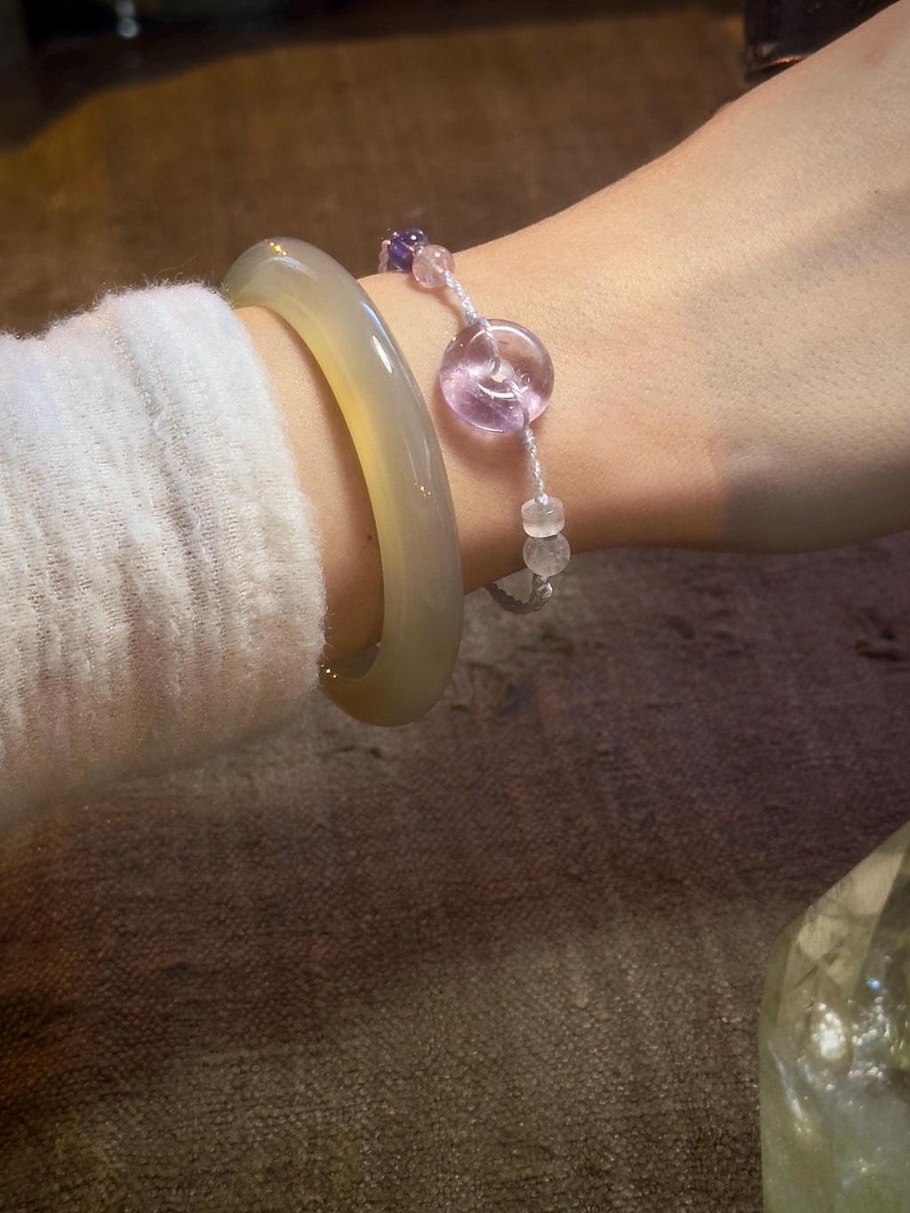 Super Seven and Brazilian amethyst bracelet detail