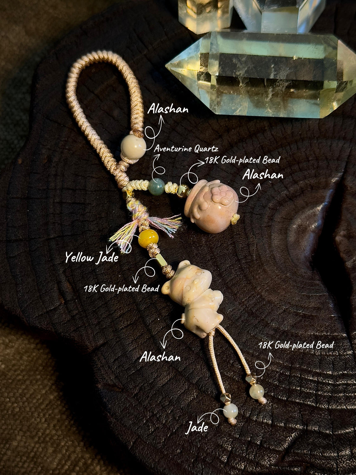Handwoven bear honey Alashan agate bag charm detail