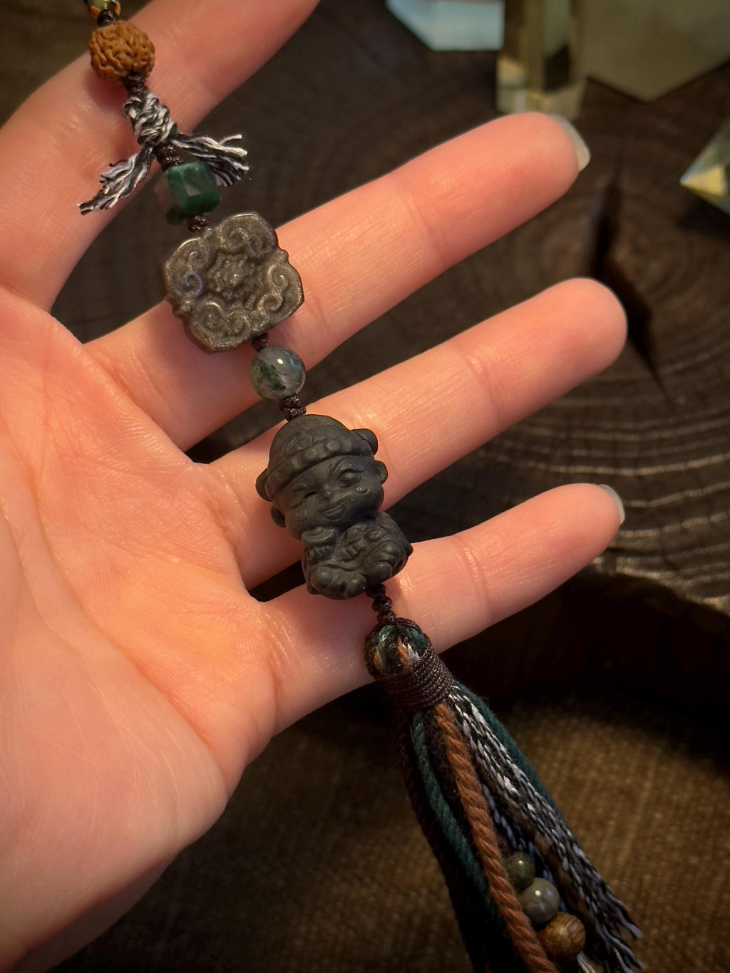 Black Wealth Deity Alashan agate handwoven charm