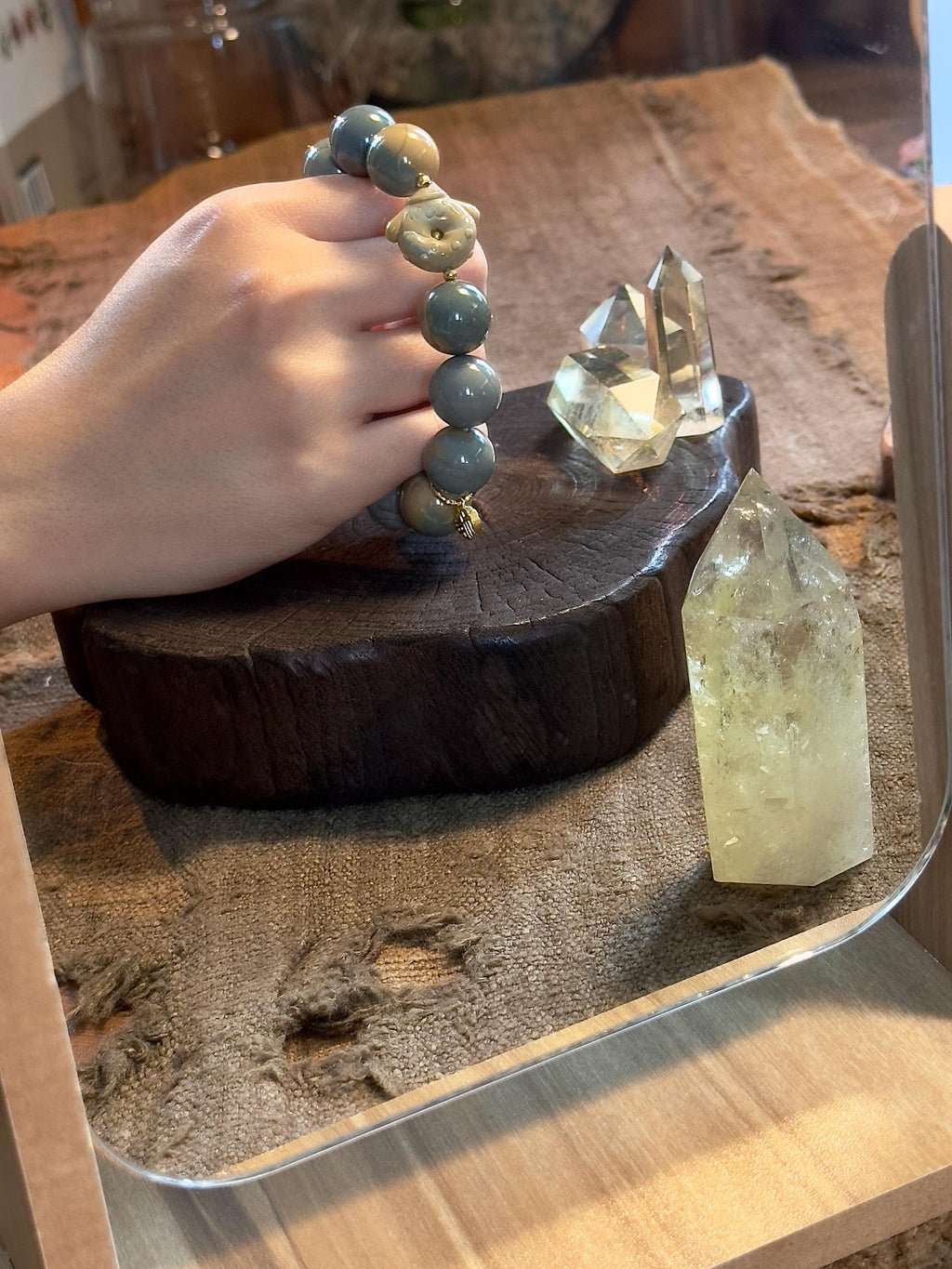 Blue grey caramel Alashan agate bracelet