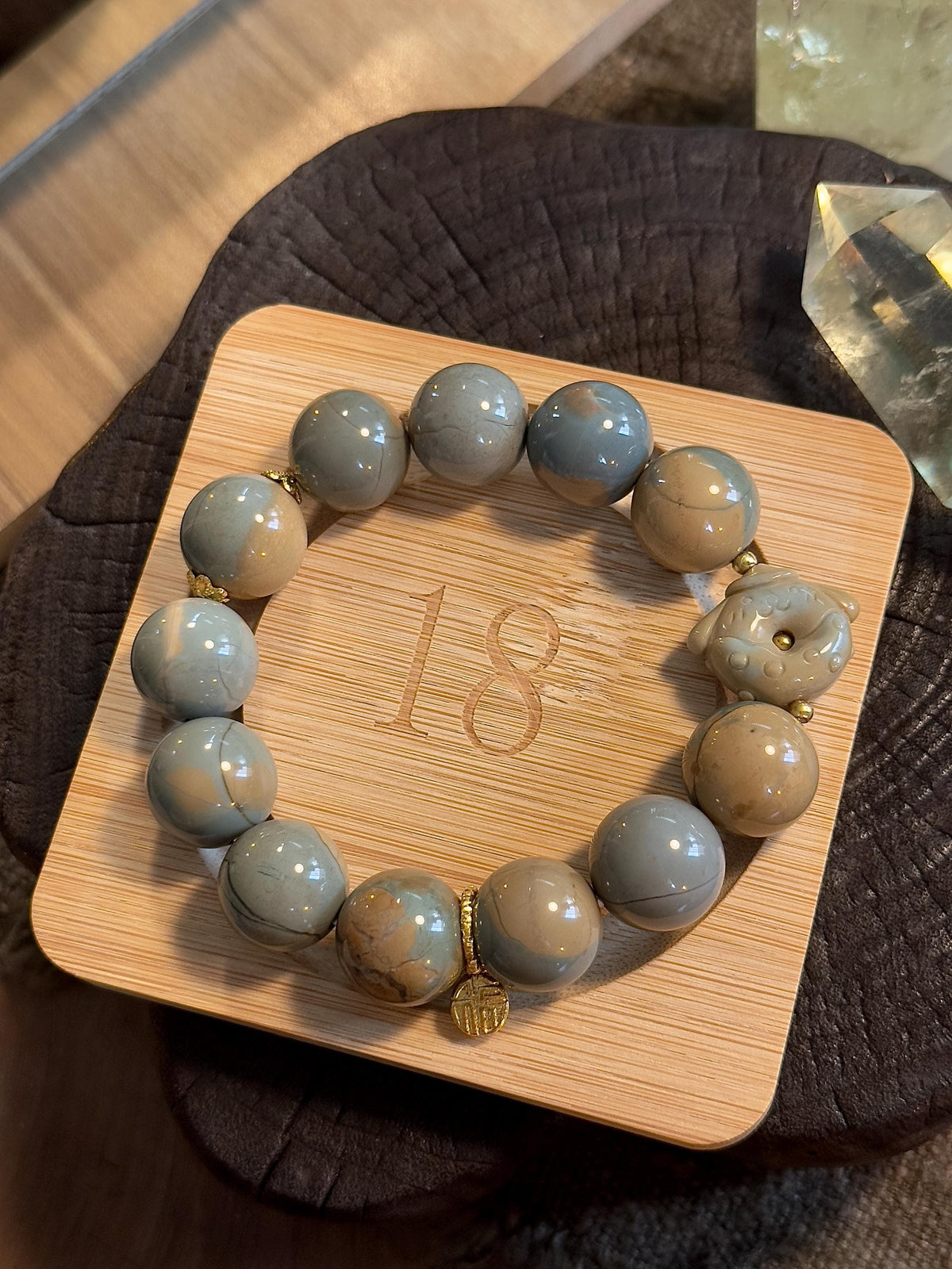 Blue grey natural stone bracelet close up