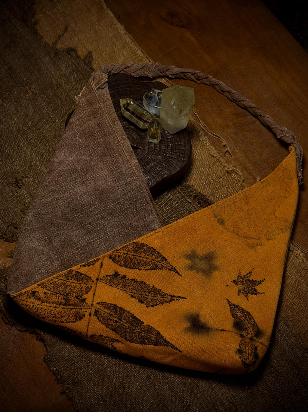 Botanical eco print plant dyed cotton shoulder bag