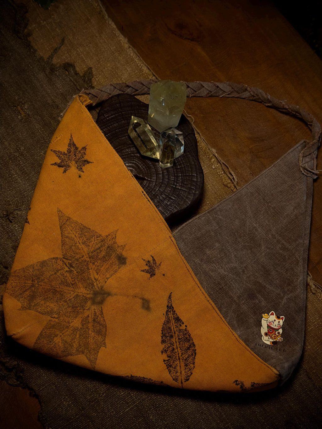 Natural plant dyed cotton bag with botanical leaf print