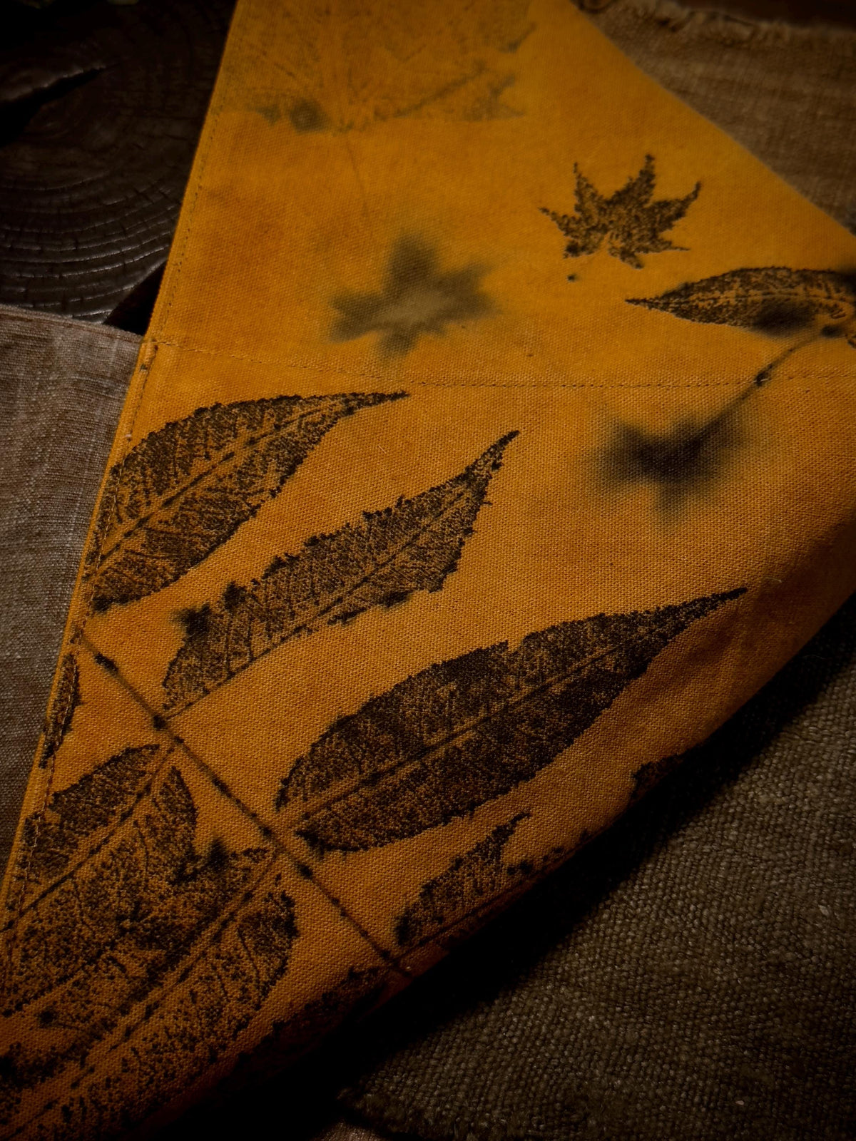 Eco printed plant dyed cotton shoulder bag handmade detail