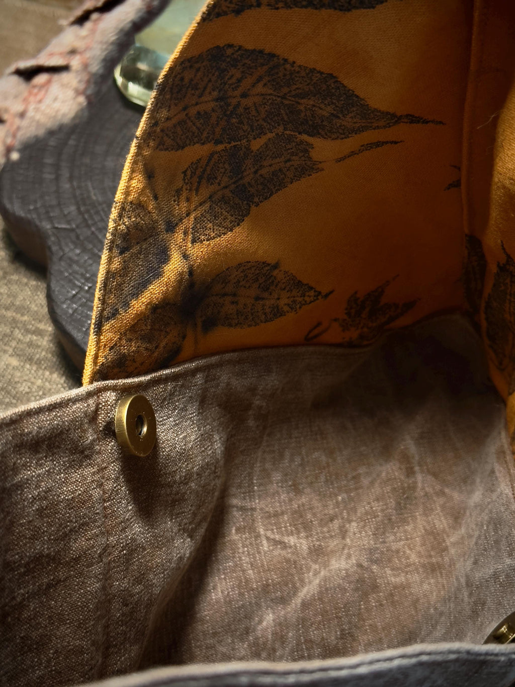 Earthy botanical textile shoulder bag in natural cotton