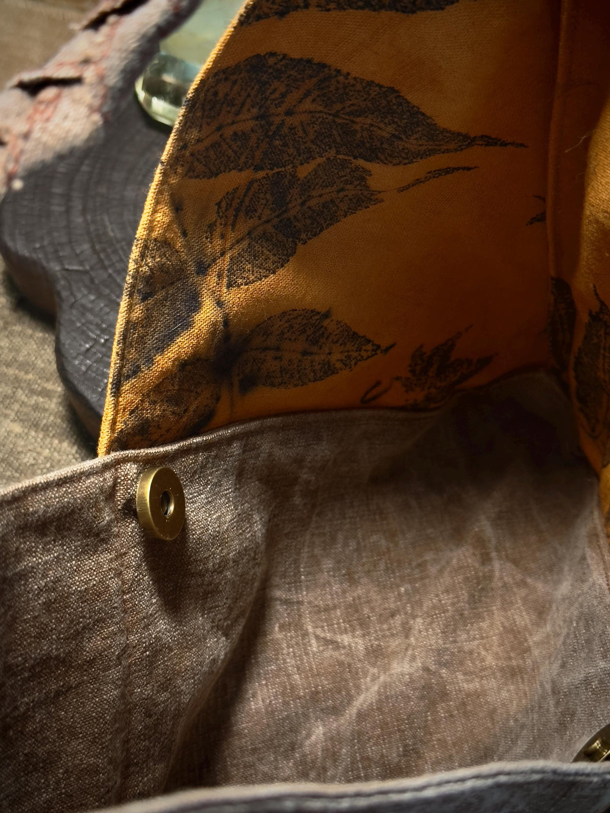 Earthy botanical textile shoulder bag in natural cotton