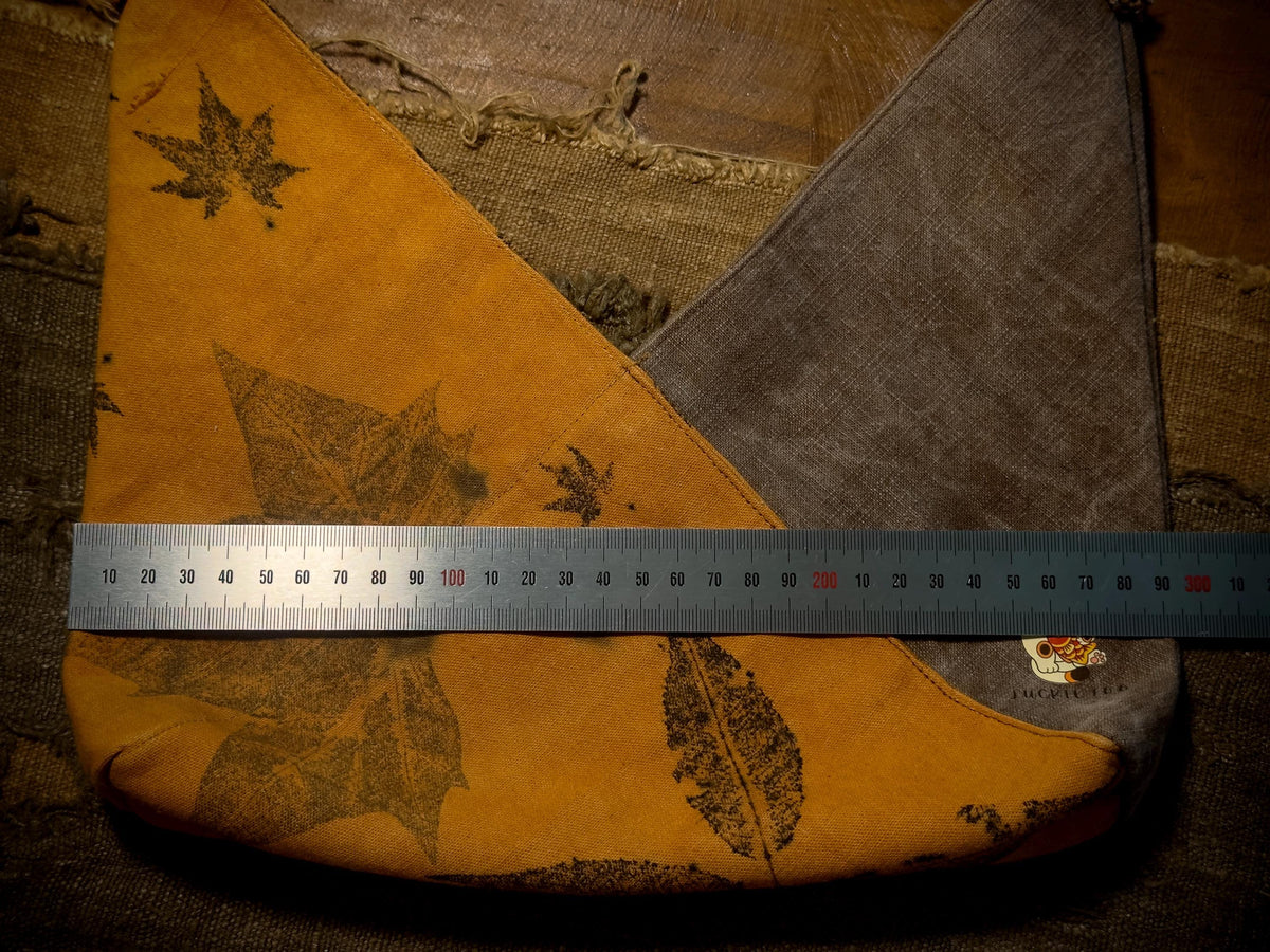 Natural dyed cotton shoulder bag with leaf impressions