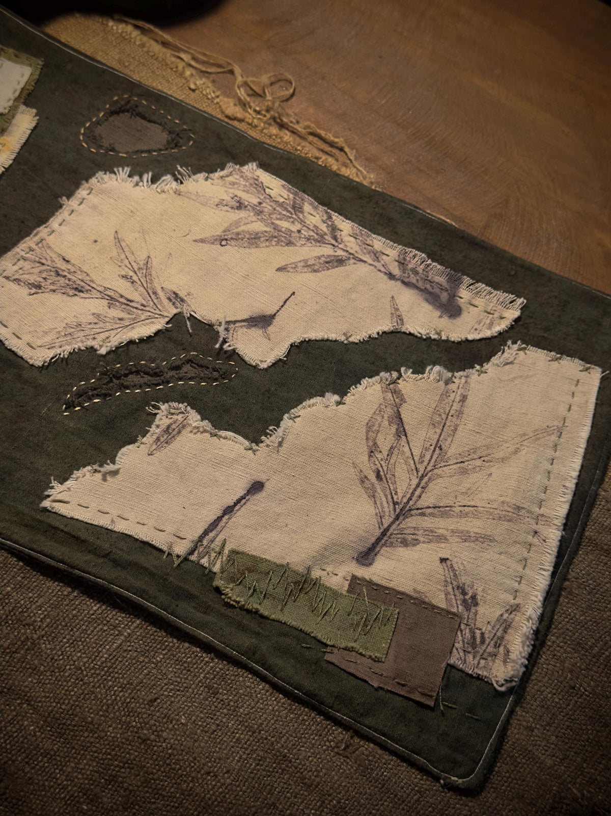 Hand-stitched plant-dyed tea mat detail