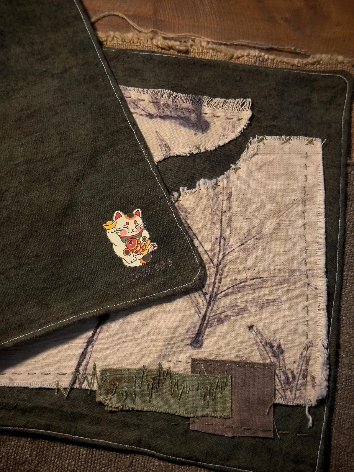 Earthy botanical tea mat close up