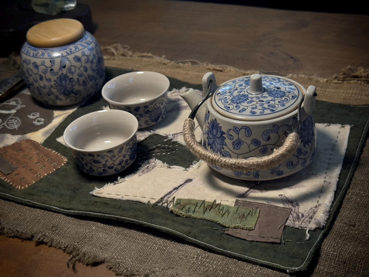 One-of-a-kind botanical tea cloth