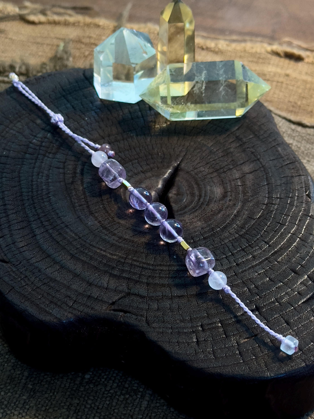 Brazilian Amethyst and Rose Quartz adjustable handwoven crystal bracelet