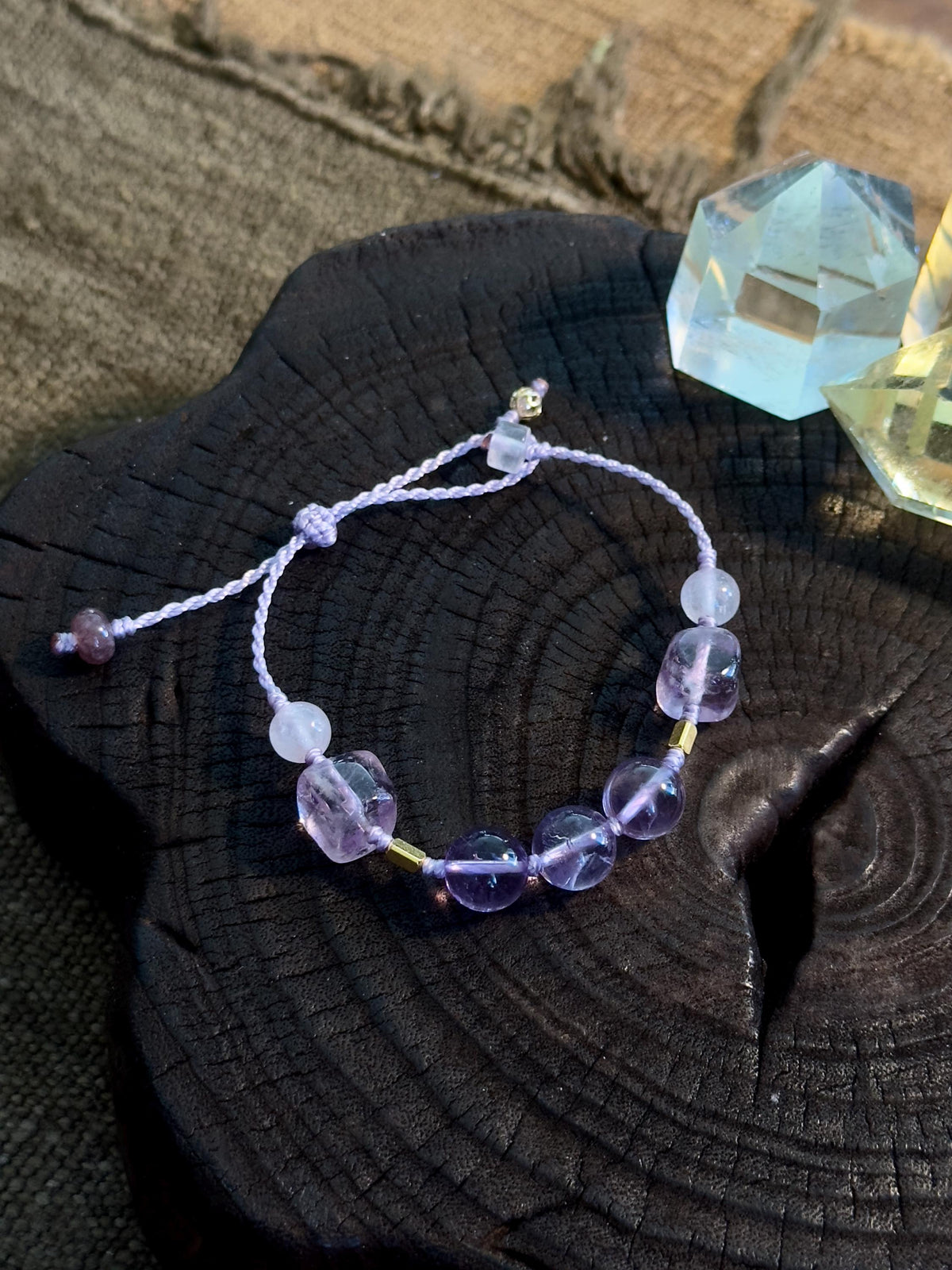Brazilian Amethyst and Rose Quartz adjustable handwoven crystal bracelet – detail 2