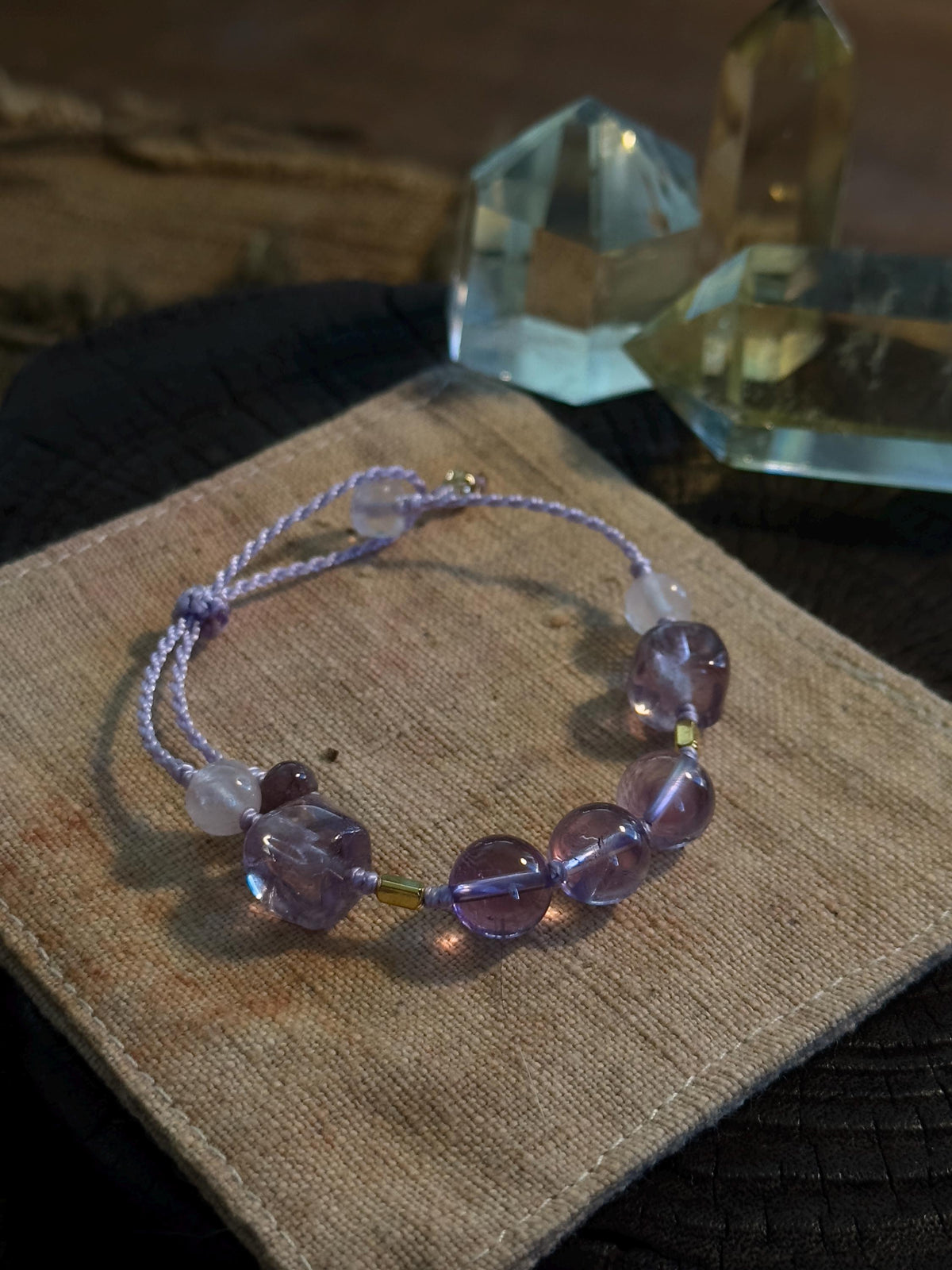 Brazilian Amethyst and Rose Quartz adjustable handwoven crystal bracelet – detail 3