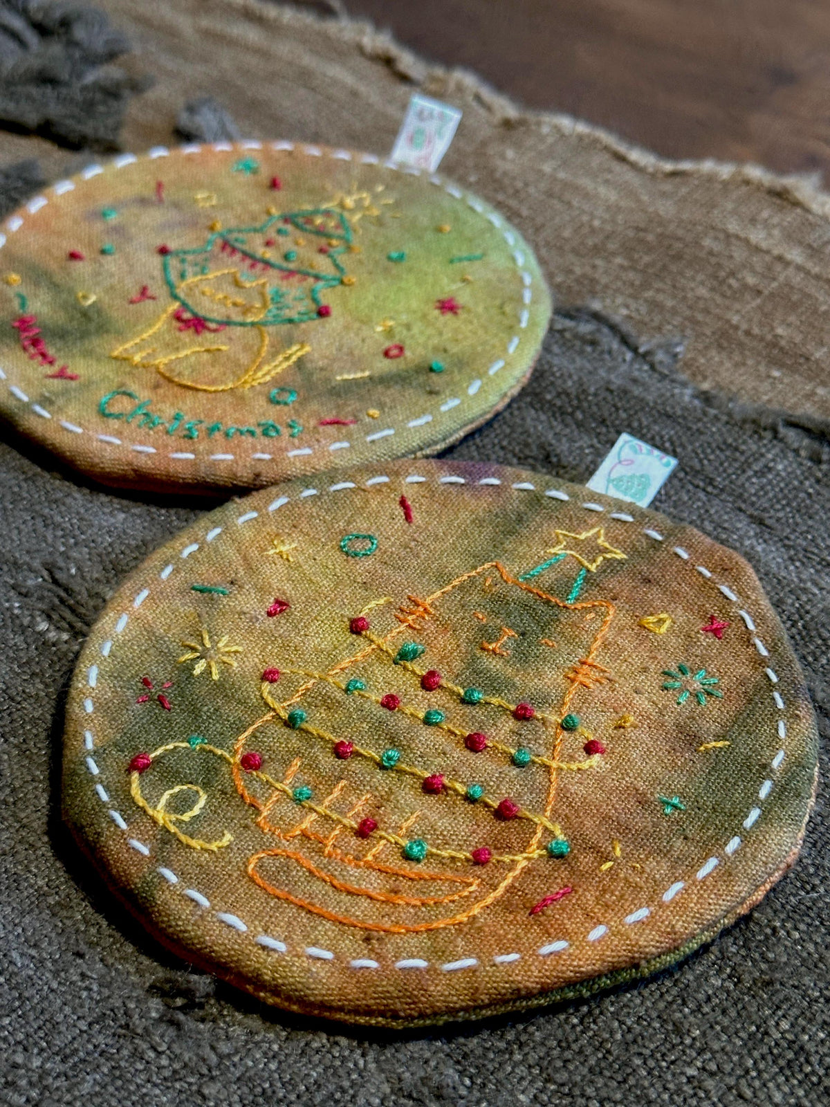 Wabi-Sabi Plant-Dyed Christmas Cat Coasters – full set