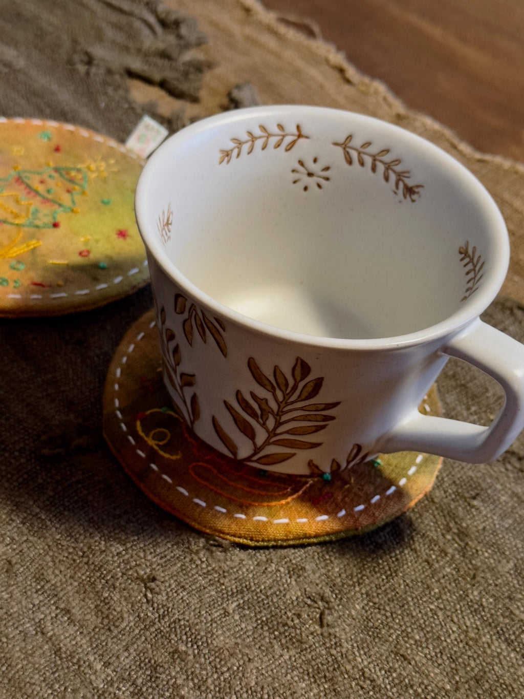 Wabi-Sabi Plant-Dyed Christmas Cat Coasters – textile detail 3
