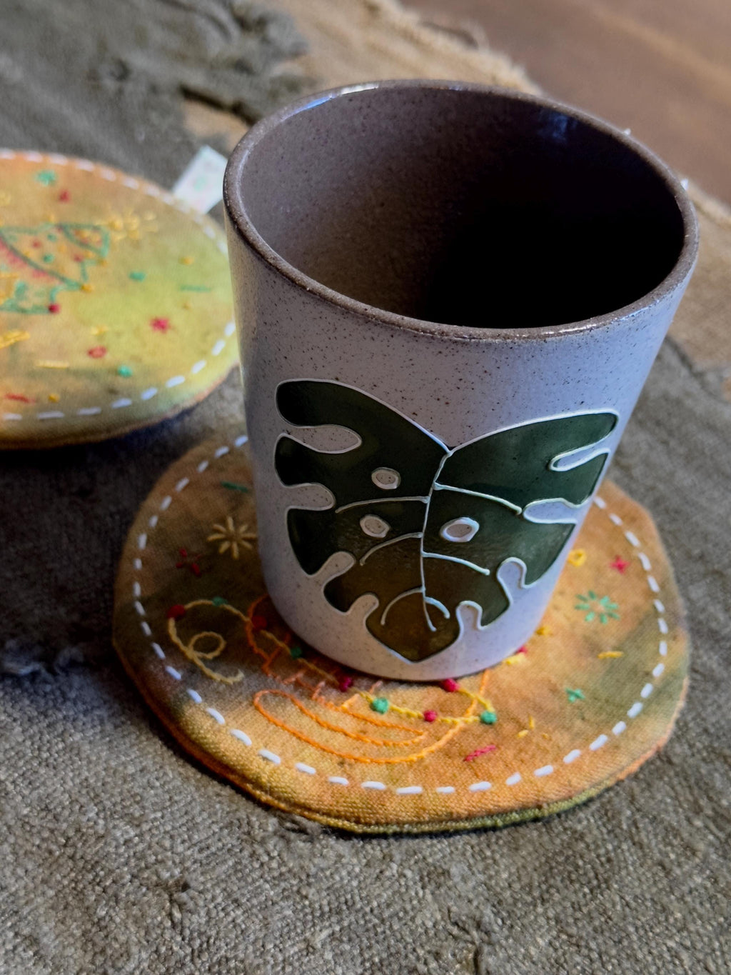 Wabi-Sabi Plant-Dyed Christmas Cat Coasters – textile detail 4