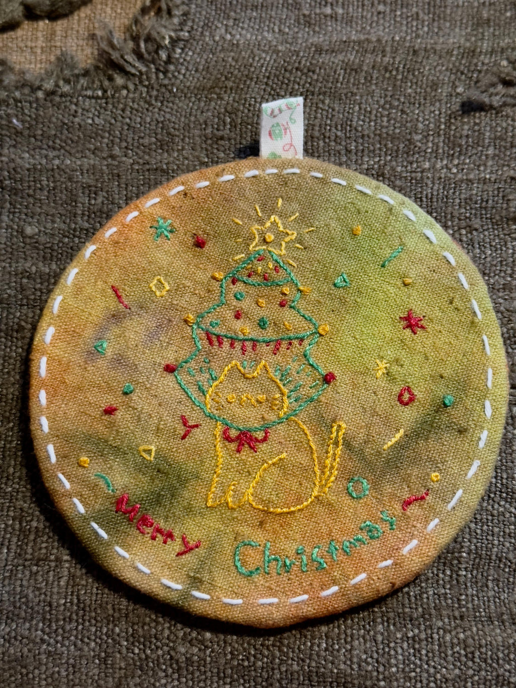 Wabi-Sabi Plant-Dyed Christmas Cat Coasters – textile detail 7