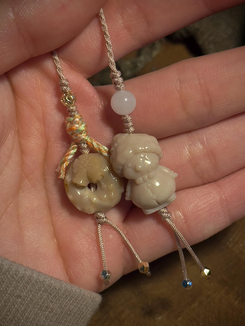 Snowman and wreath natural stone holiday charm close-up