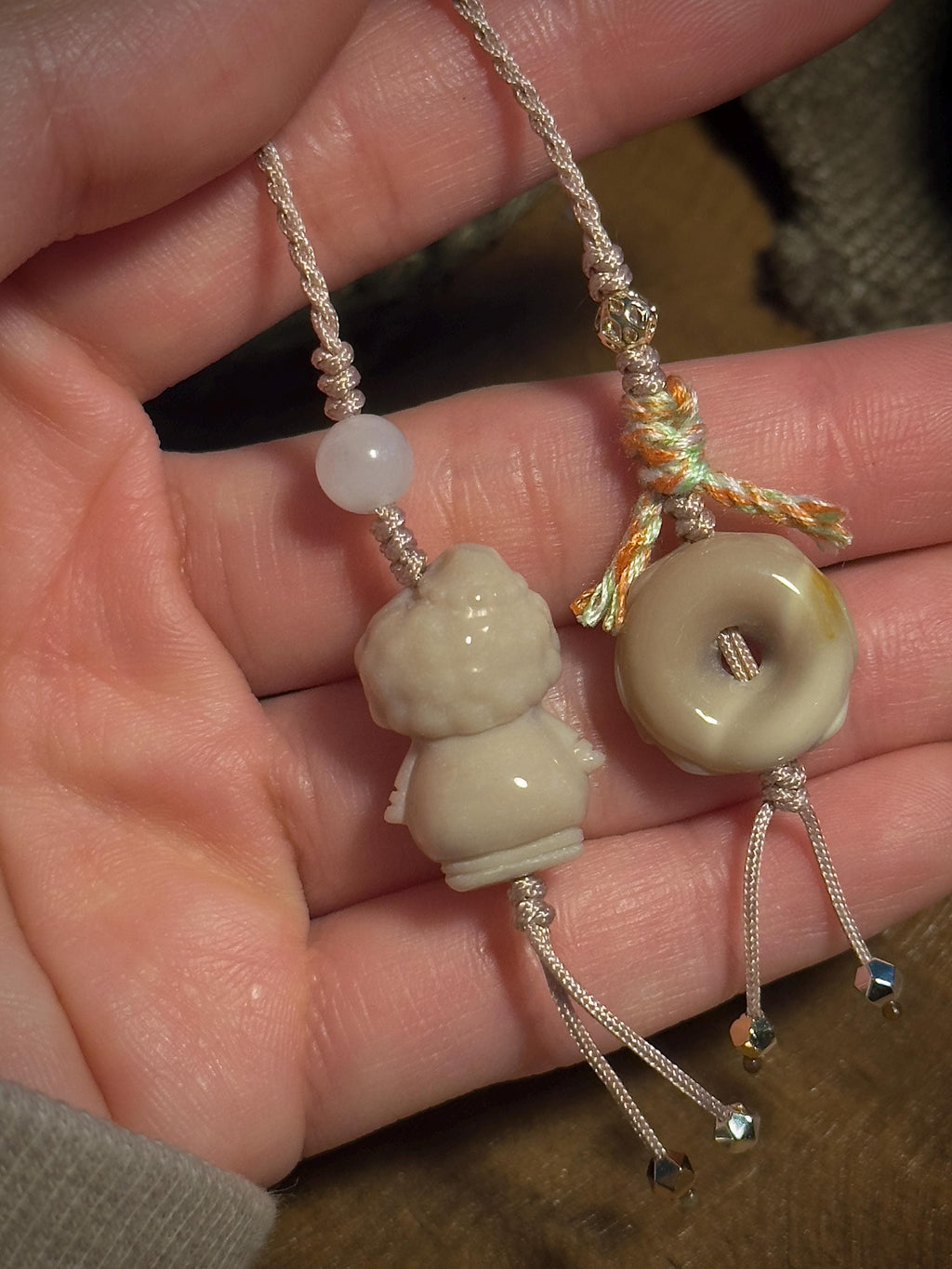 Handwoven Christmas snowman Alashan agate charm detail