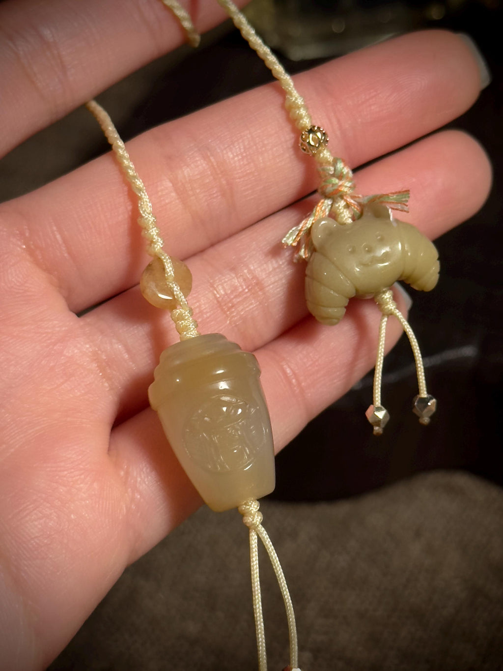 Handwoven coffee cup and croissant natural stone charm