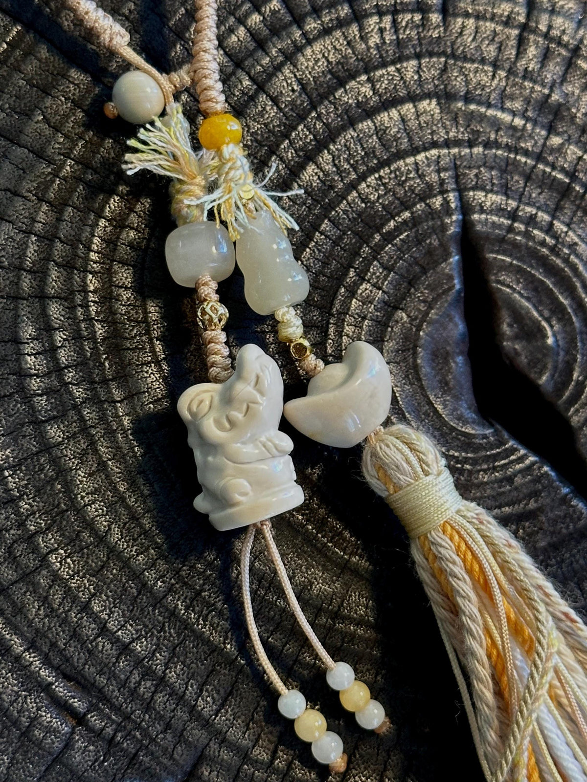 Cream white crocodile carved Alashan agate handwoven charm