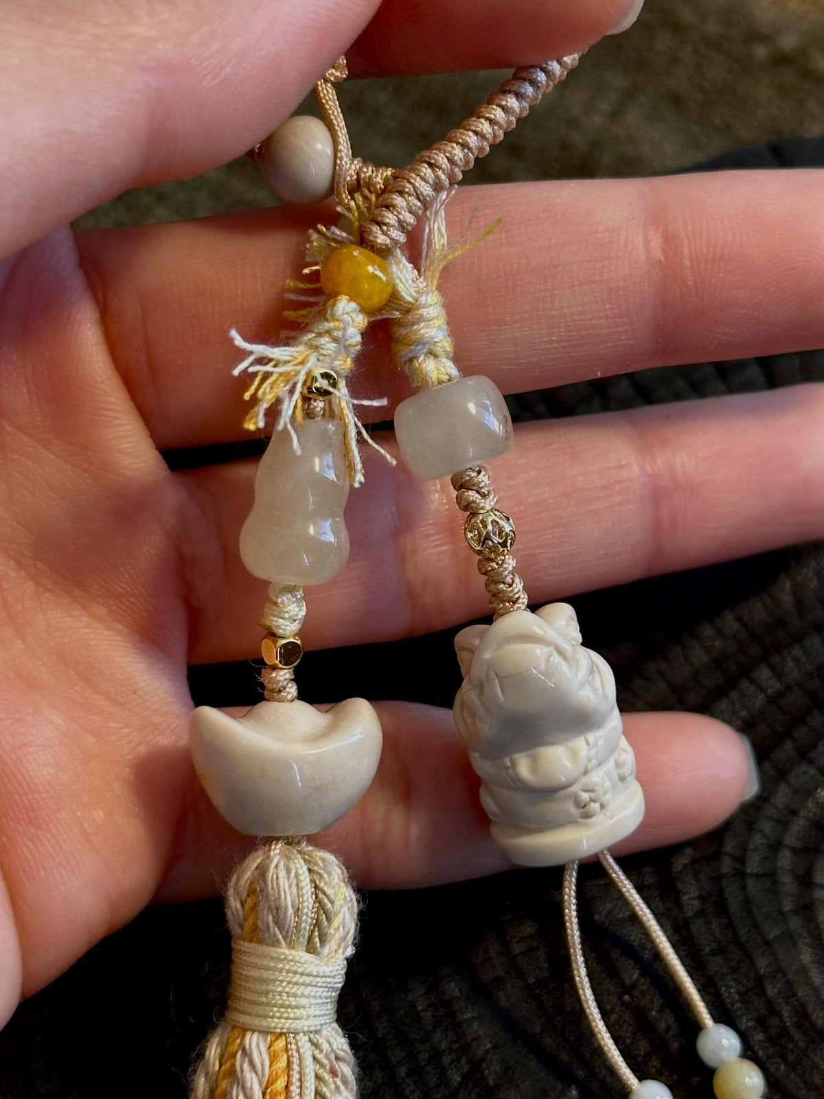 Handwoven cream crocodile gemstone bag charm