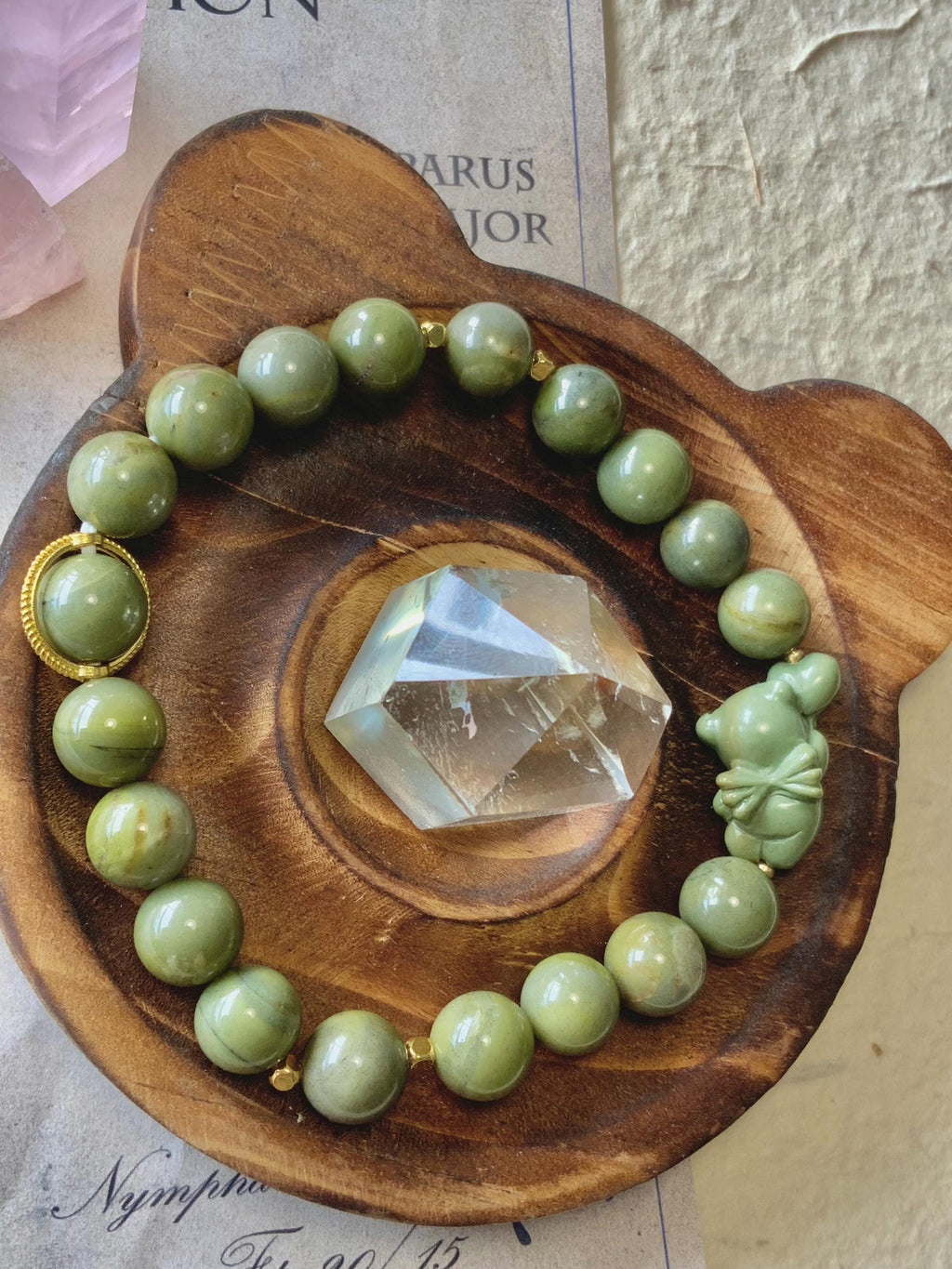 Dark Green Balloon Bear Alashan Agate Bracelet