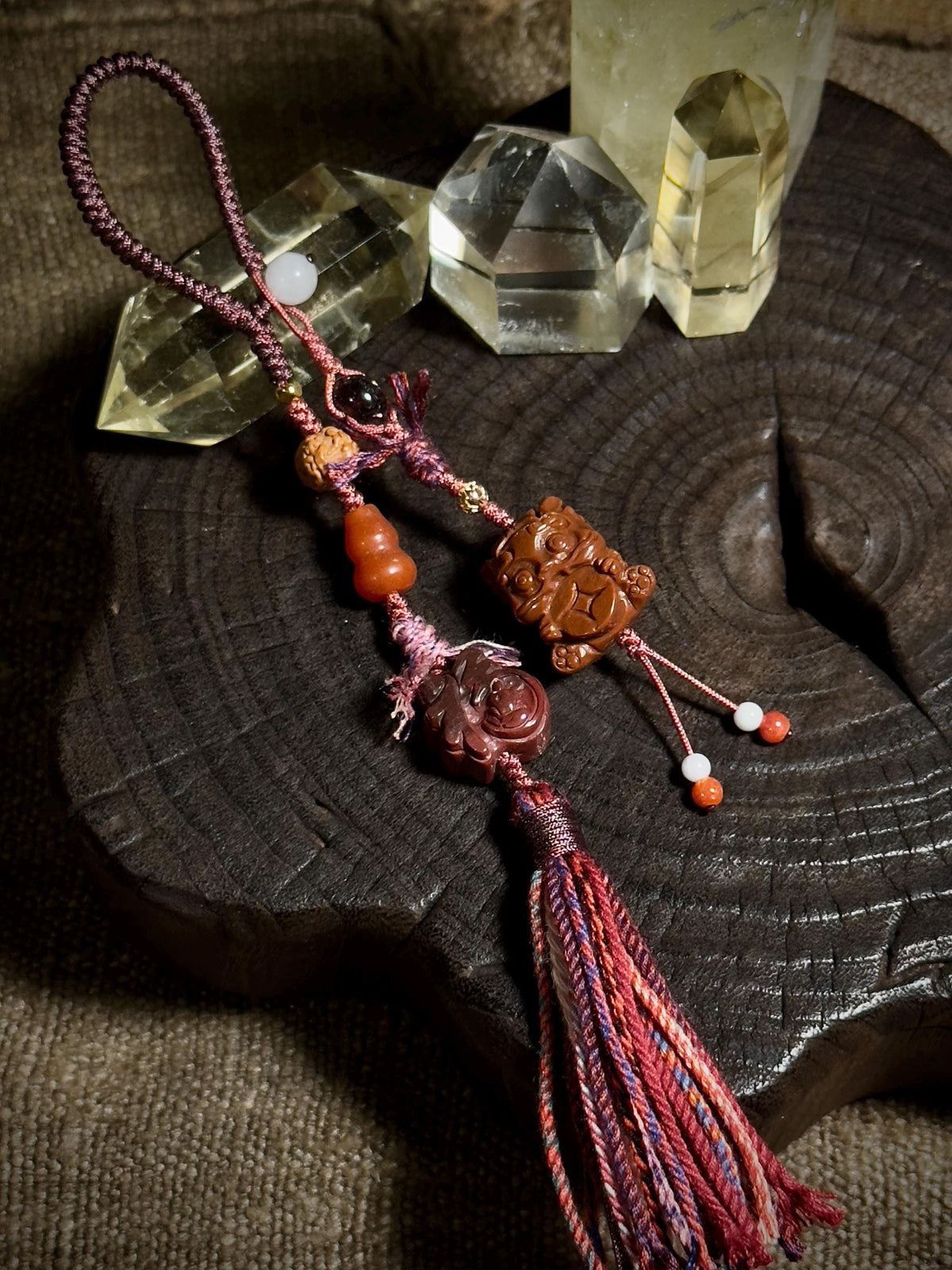Foo Dog Pixiu and Fu symbol Alashan agate handwoven charm