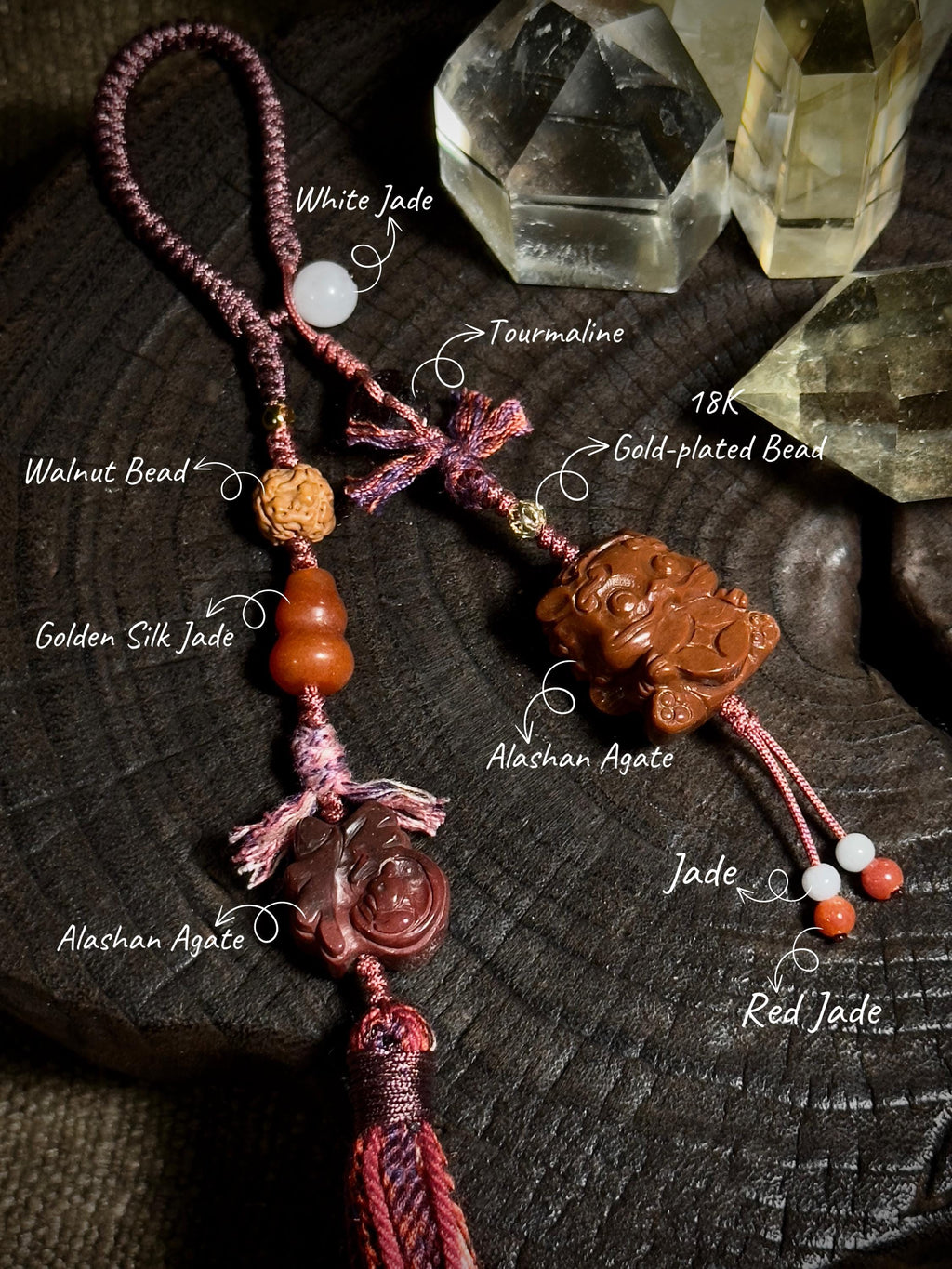 Foo Dog Pixiu and Fu symbol Alashan agate handwoven charm